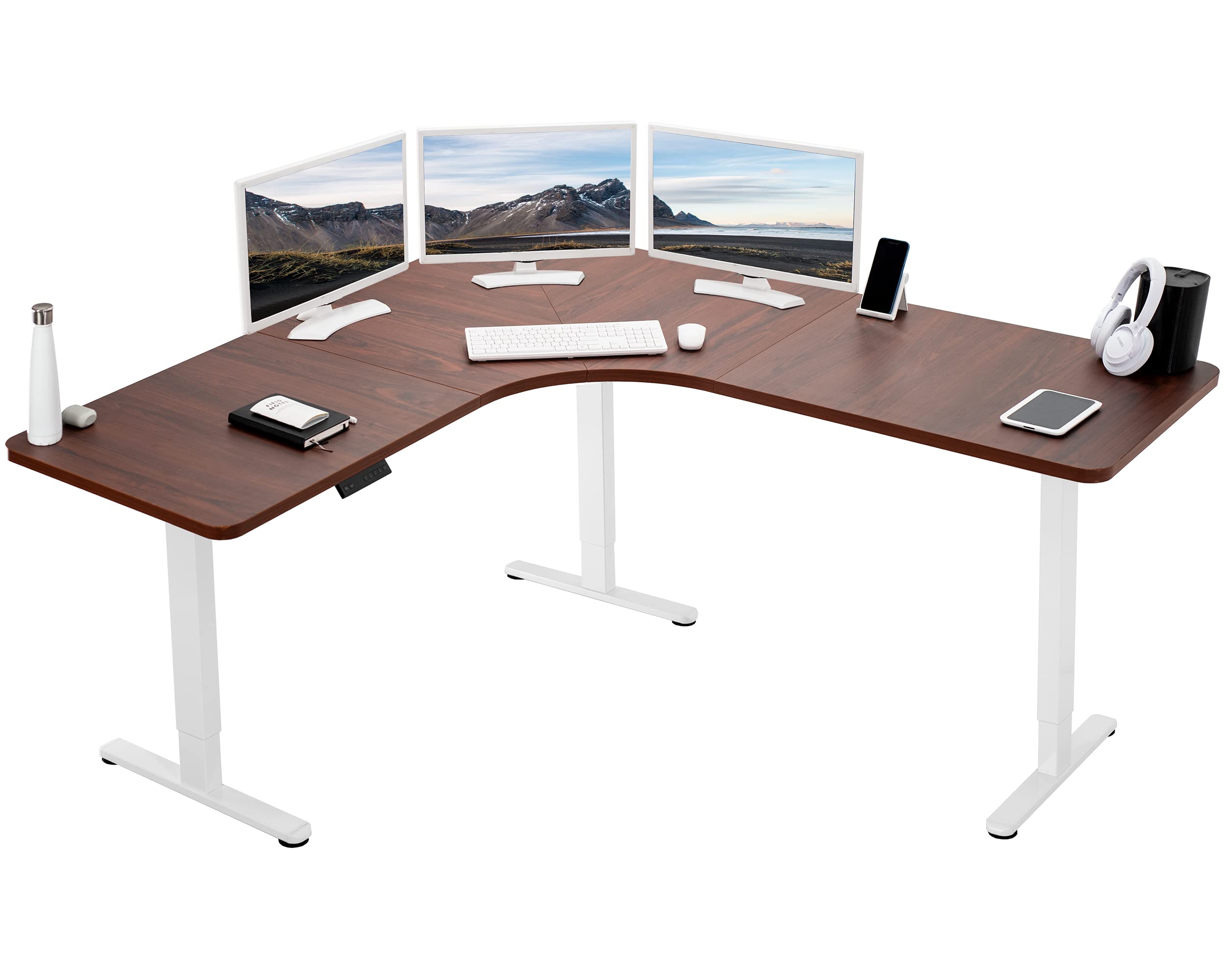 VIVO Electric Height Adjustable 71 x 71 inch Curved Corner Stand Up Desk, Dark Walnut Table Top, White Frame, Memory Controller, L-Shaped Workstation,