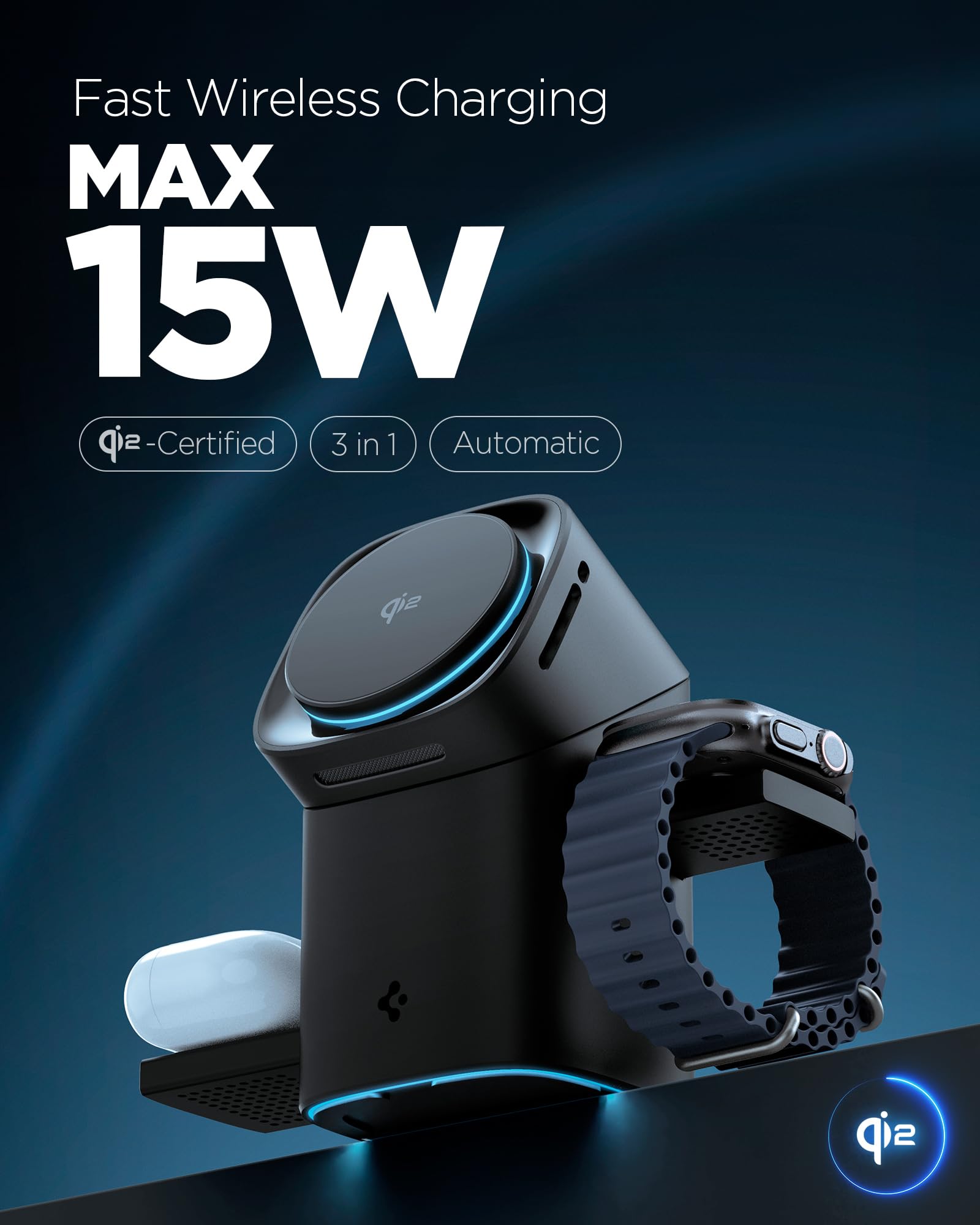 Spigen Essential MagFit Qi2 Caricatore Wireless 3-in-1 15W, Stazione di Ricarica Magnetica con Rotazione Touch per iPhone 17/16/15/14 Pro Max 17e Samsung Galaxy S26 Ultra Plus, AirPods e Apple Watch