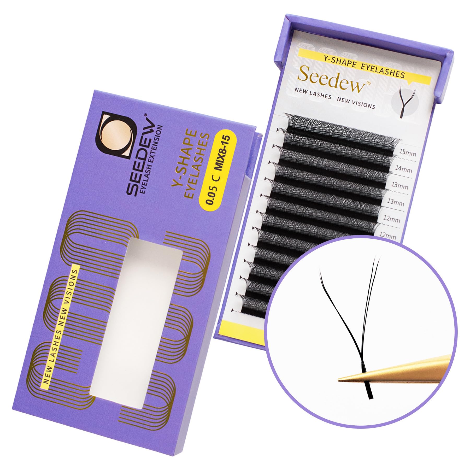 SEEDEW YY Lash Extensions, 0.05mm C Curl MIX8-15mm 12 Rows/Tray, Y Shape Long Flat Stem