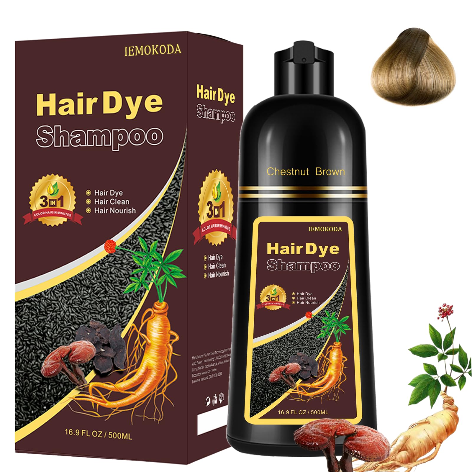 Chestnut Brown Hair Color Shampoo, Instant Brown Hair Dye Shampoo 3 in 1 for Women & Men, Herbal Brown Shampoo Easy to Use & Long Lasting, 16.90 Fl OZ