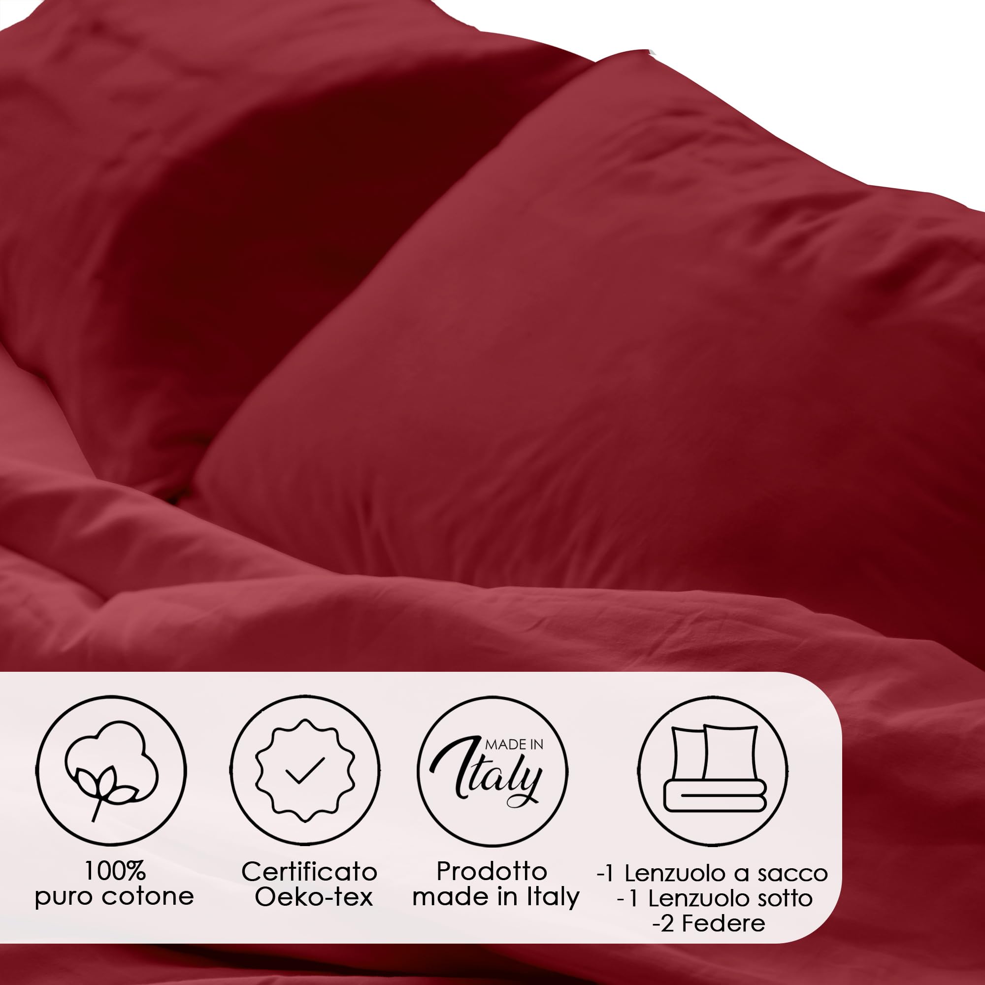 Ruggeri Set Lenzuola Completo Copripiumino Matrimoniale, Cotone, Rosso | 1 sacco copripiumino 250x200 cm risvolto 40 cm 1 lenzuolo angoli 170x200 cm alto 25 cm 2 federe 50x80 cm chiusura sacco 20 cm