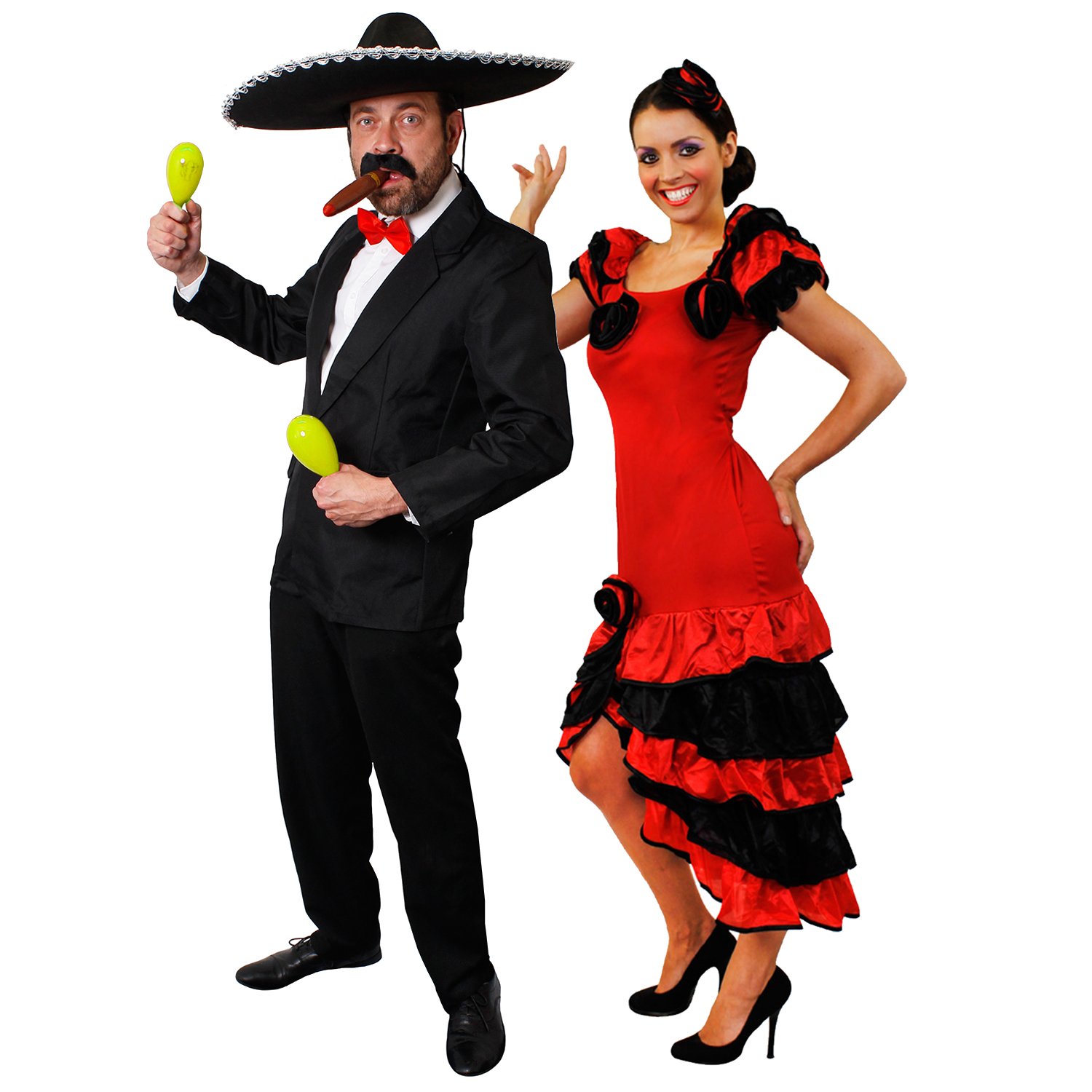 I LOVE FANCY DRESS SPANISCHES RUMBA +SALSA PAARE KOSTÜM VERKLEIDUNG MIT GELBEN RASSELN/MARACAS=SCHNELLE VERKLEIDUNG AN KARNEVAL FASCHING THEMEN PARTY= ANZUG-XLARGE + KLEID-XLARGE