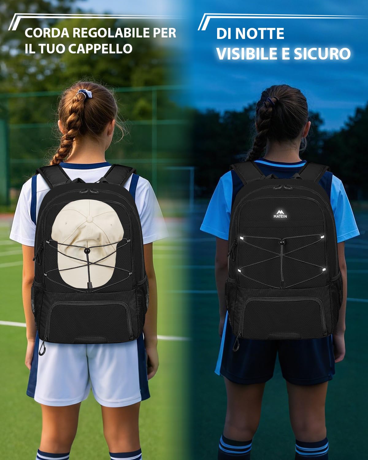 MATEIN Zaino Calcio con Porta Scarpe, Impermeabile Zaini Sportivo Uomo per PC 15.6 Pollici, Leggero Borsa Calcio con Gancio, Sacca Zaino Uomo e Donna per Football Pallacanestro Pallavolo, Nero