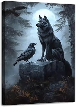 OAAPITI Wolf Raven Wall Art Gothic Nature Wildlife Canvas Print Spooky Forest Art Hallowen Decoration for Living Room Bedroom Wall Deocr