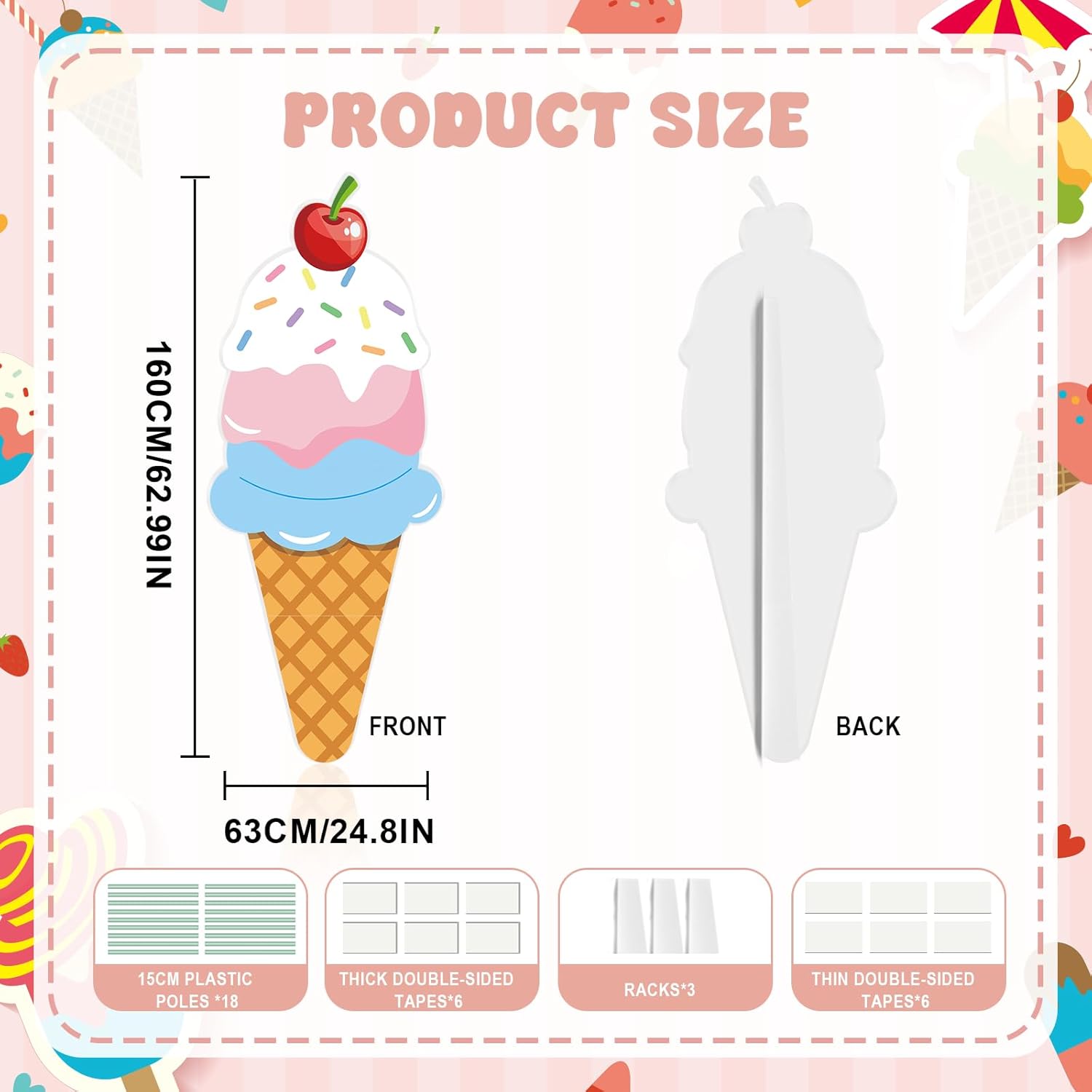 5.2 FT Large Ice Cream Cone Cardboard Cutout Stand up Ice Cream Photo Booth Props for Summer Birthday Party Baby Shower Decorations Sweet Theme Shop Photo Booth Props Backdrop