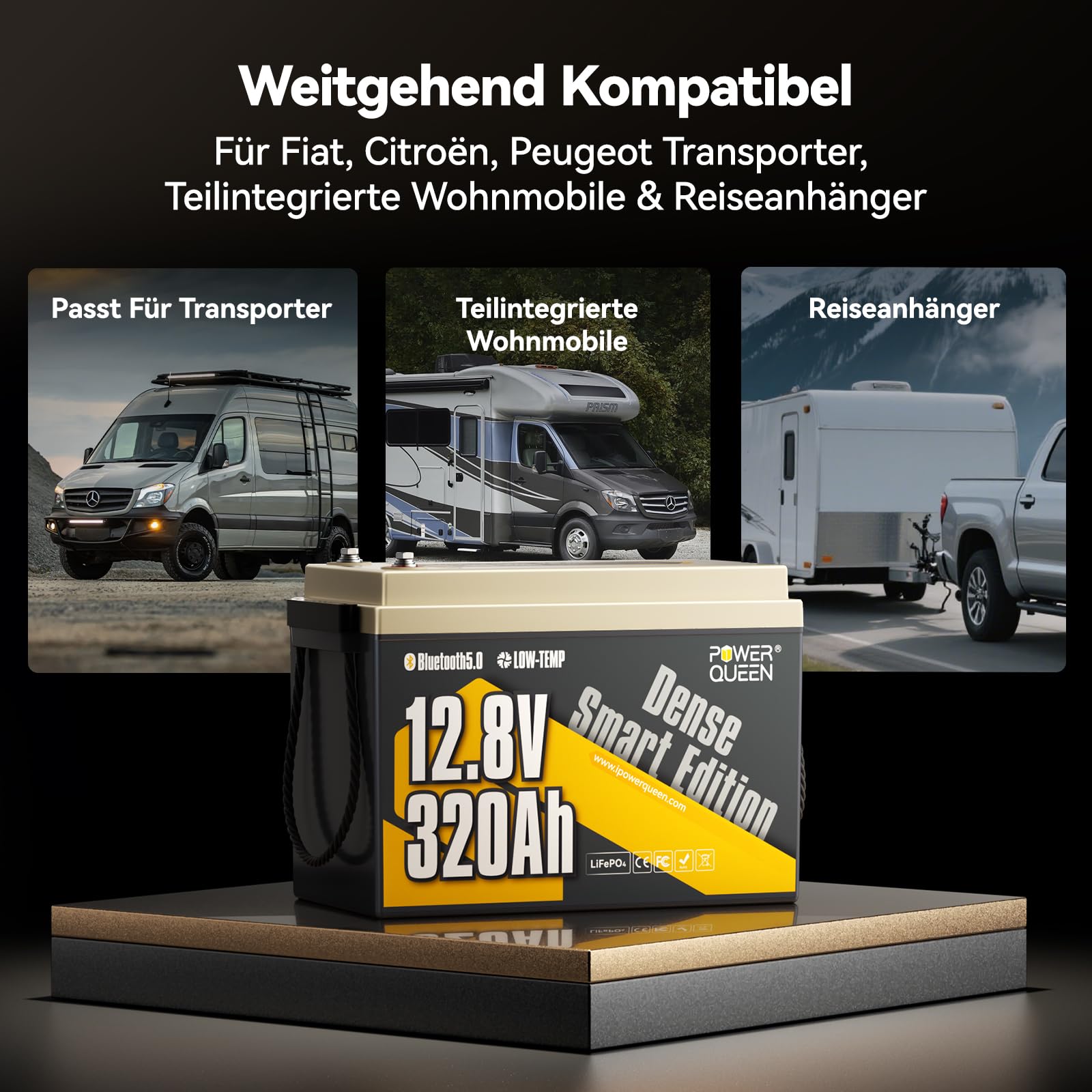 Power Queen 12V 320Ah W190 Bluetooth Batterie Lithium Camping-Car Caravane