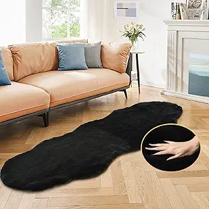 Black Shag Washable Fluffy Fur Area Rugs for Bedroom Living Room Faux Rabbit Fur Nursery Rug 2x6 Cute Shaped Rug Room Décor