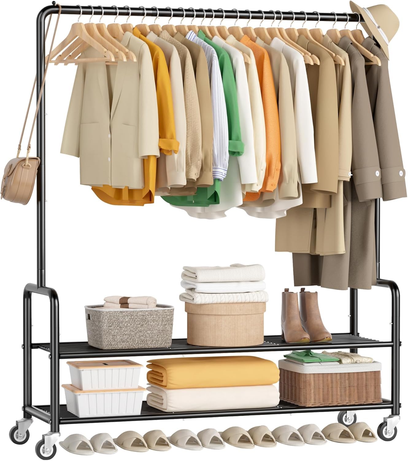 MISSLO Heavy Duty Clothes Rail Rack with Shelves 46.5" Large Rolling Clothing Rail for Bedroom Hanging Rail for Clothes, Garment, Coat, Black