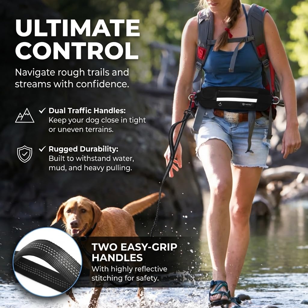 Tails & Tales Correa para perro manos libres con riñonera, asas acolchadas dobles y tira reflectante, elástica que absorbe los golpes para perros grandes y medianos de hasta 100 libras, correr