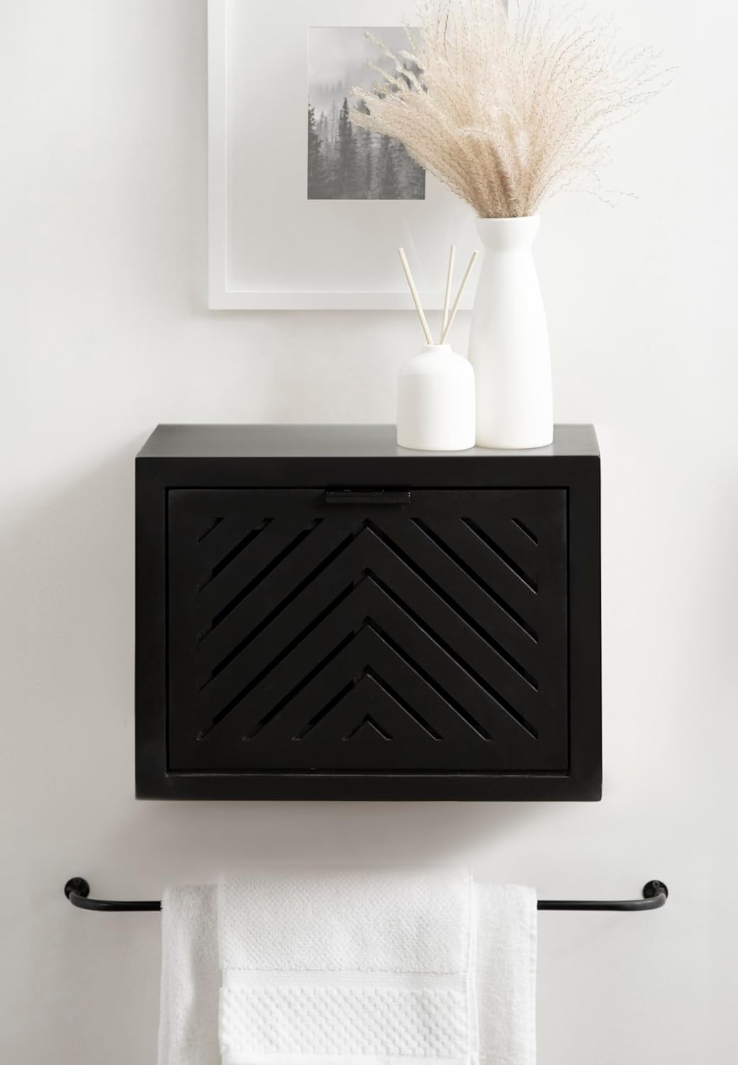 Kate and Laurel Mezzeta Modern Floating Shelf Side Table with Storage Cubby; 16 x 10 x 12; Black; Decorative Slatted Wood Floating Nightstand with Pull Down Door for Use as Bathroom Storage
