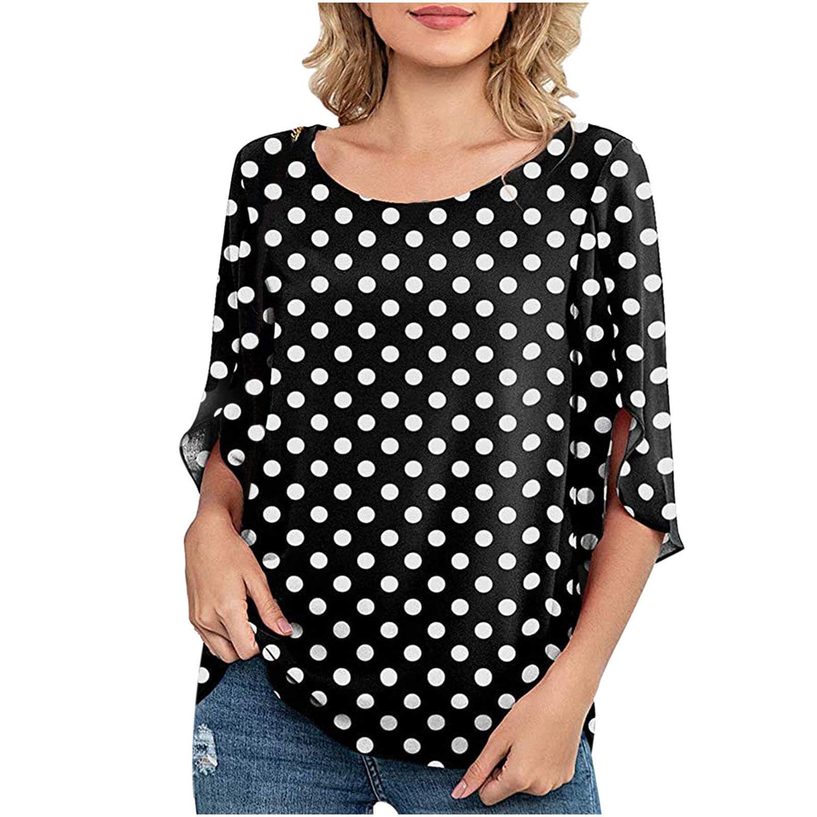NUSGEAR 2021 Nuevo Camiseta Mujer Verano Moda Impresión de Lunares Manga Corta Elegante Blusa Camisa Cuello Redondo Camiseta de Gasa Suelto Tops Casual Fiesta T-Shirt Original tee