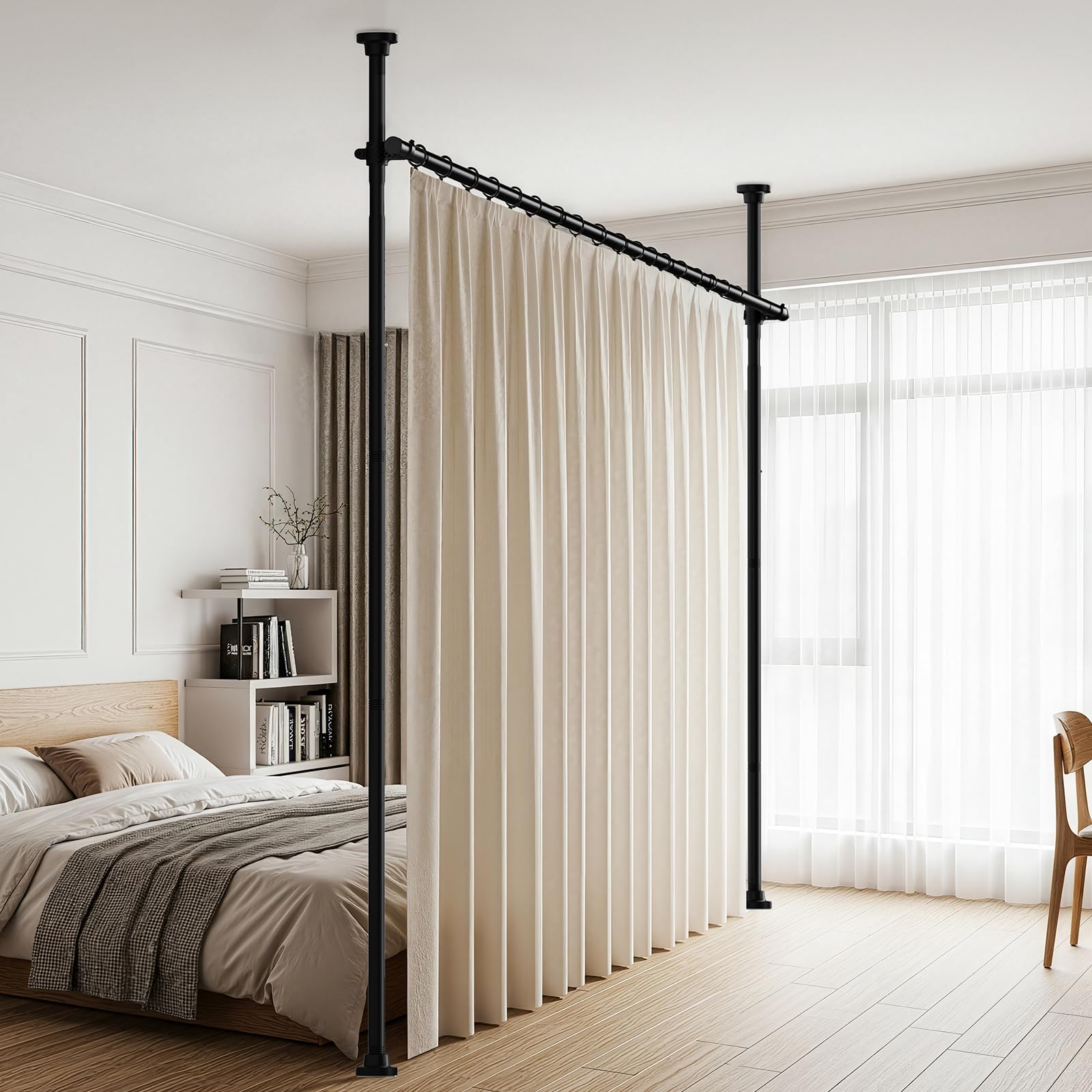 Tringle Rideau Sans Percage ，155-350 cm (H) × 110-297 cm (L) ，Noir Cloison Amovible Sans Percage，Tringle à Rideaux Flexible Et RéGlable ，Pour Chambre à Coucher ，Bureau SéParateur De PièCes