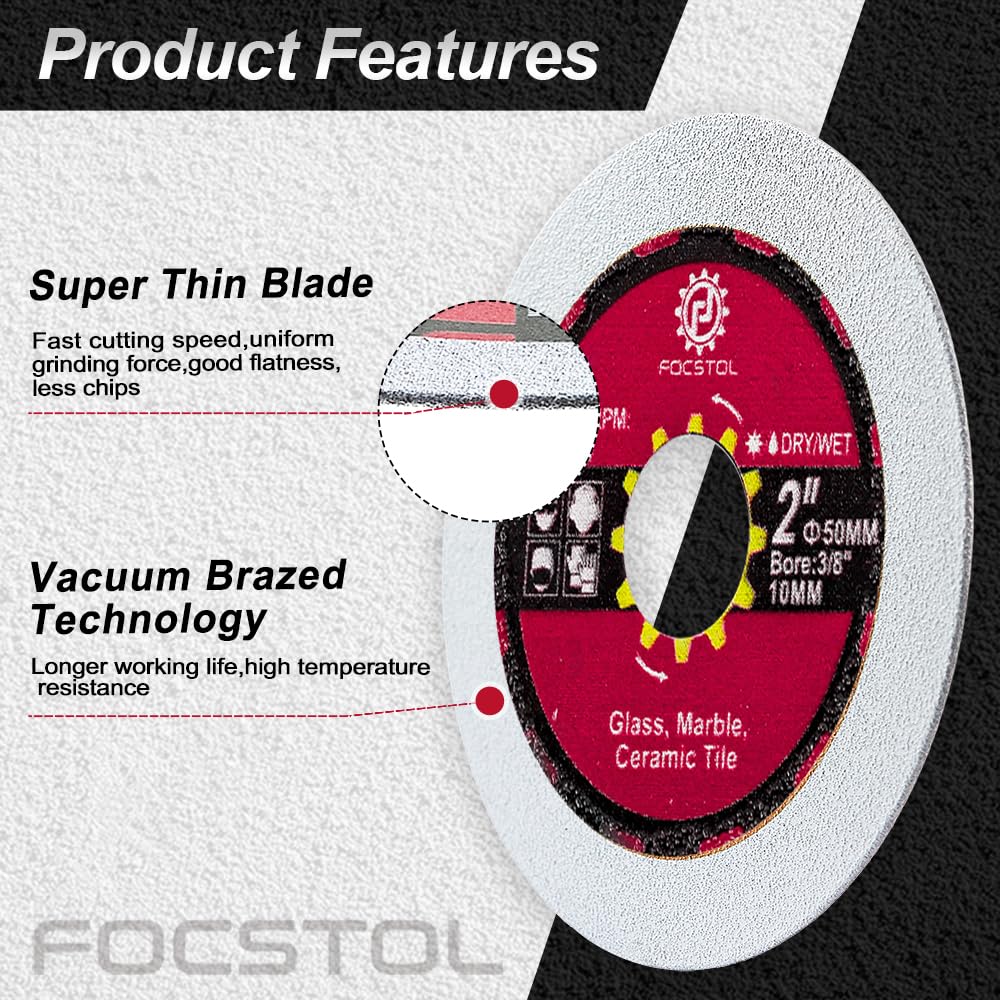 FOCSTOL Diamond Glass Cutting Disc - 3pcs 50 mm Diamond Saw Blade for Glass Jade Crystal Wine Bottle for Mini Angle Grinder with 10 mm Arbor - Image 3