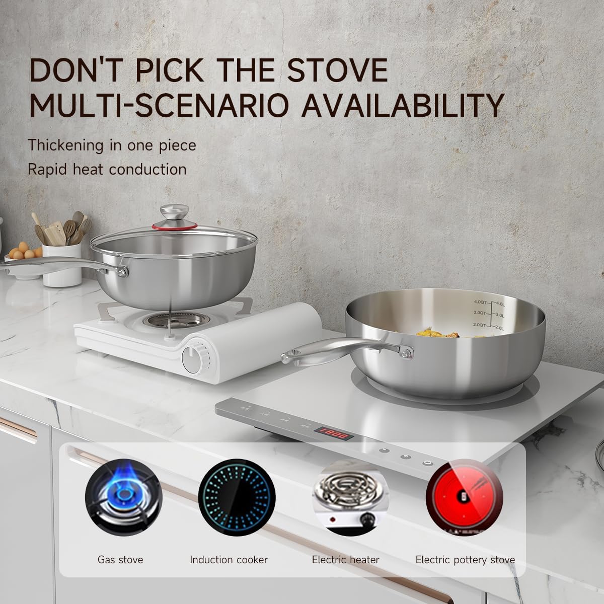 Tri-ply Stainless Steel Saute Pan 4-Quart with Clear Lid Deep Frying Pan for Chef's Cooking Wok Induction Oven Dishwasher Safe, Compatible with All Cooktops(Detachable Handle,10 Inch)