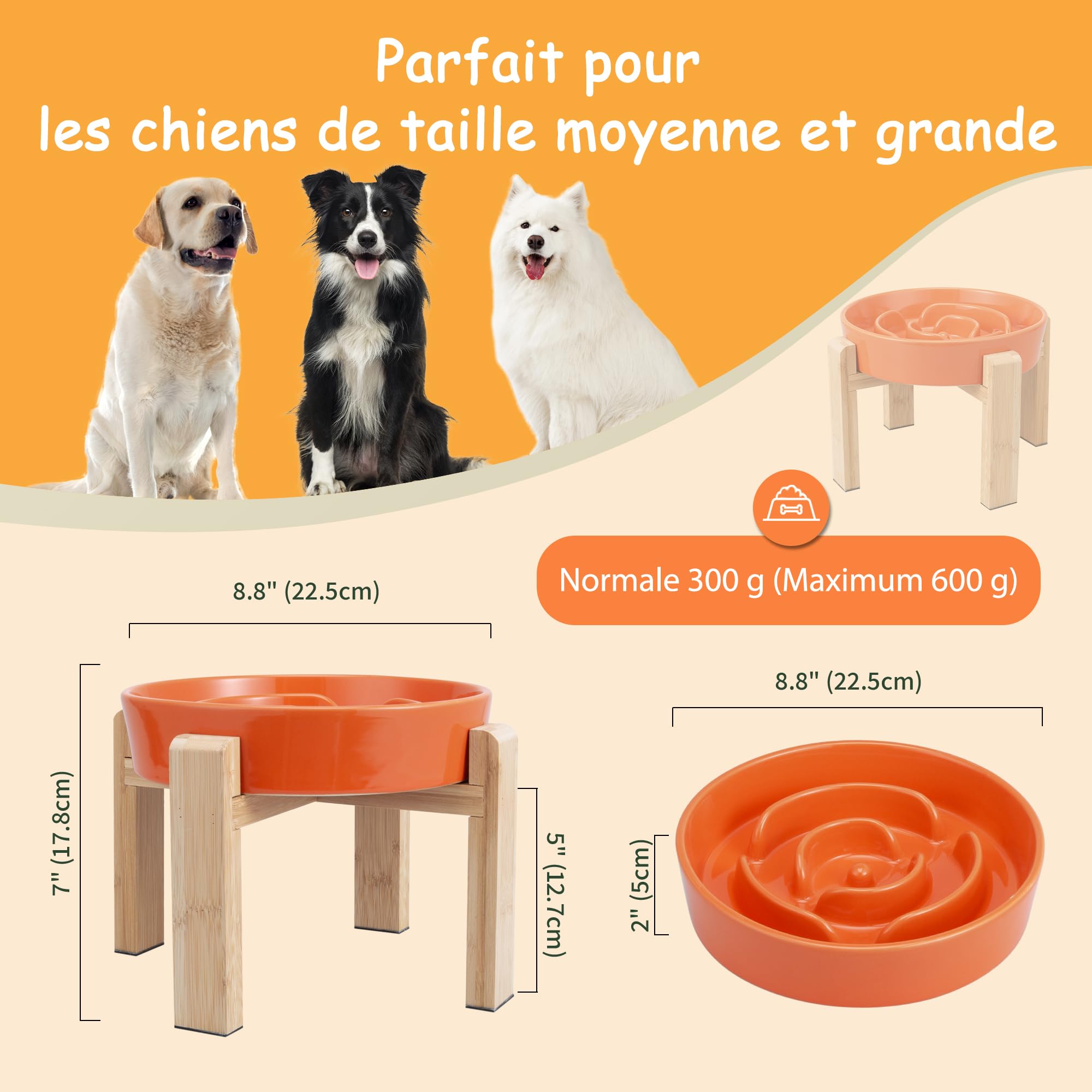 Gamelle Anti-Glouton Surélevée pour Chien - Bol en Céramique avec Support en Bambou - Idéale pour Chiens Moyens et Grands - Orange - 22,5 cm