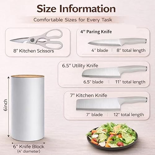 Miniatura 3 de Juego de cuchillos de cocina blancos con bloque, juego de 5 piezas de cuchillos de acero inoxidable, cuchillo de chef, cuchillo de pelar, tijeras de