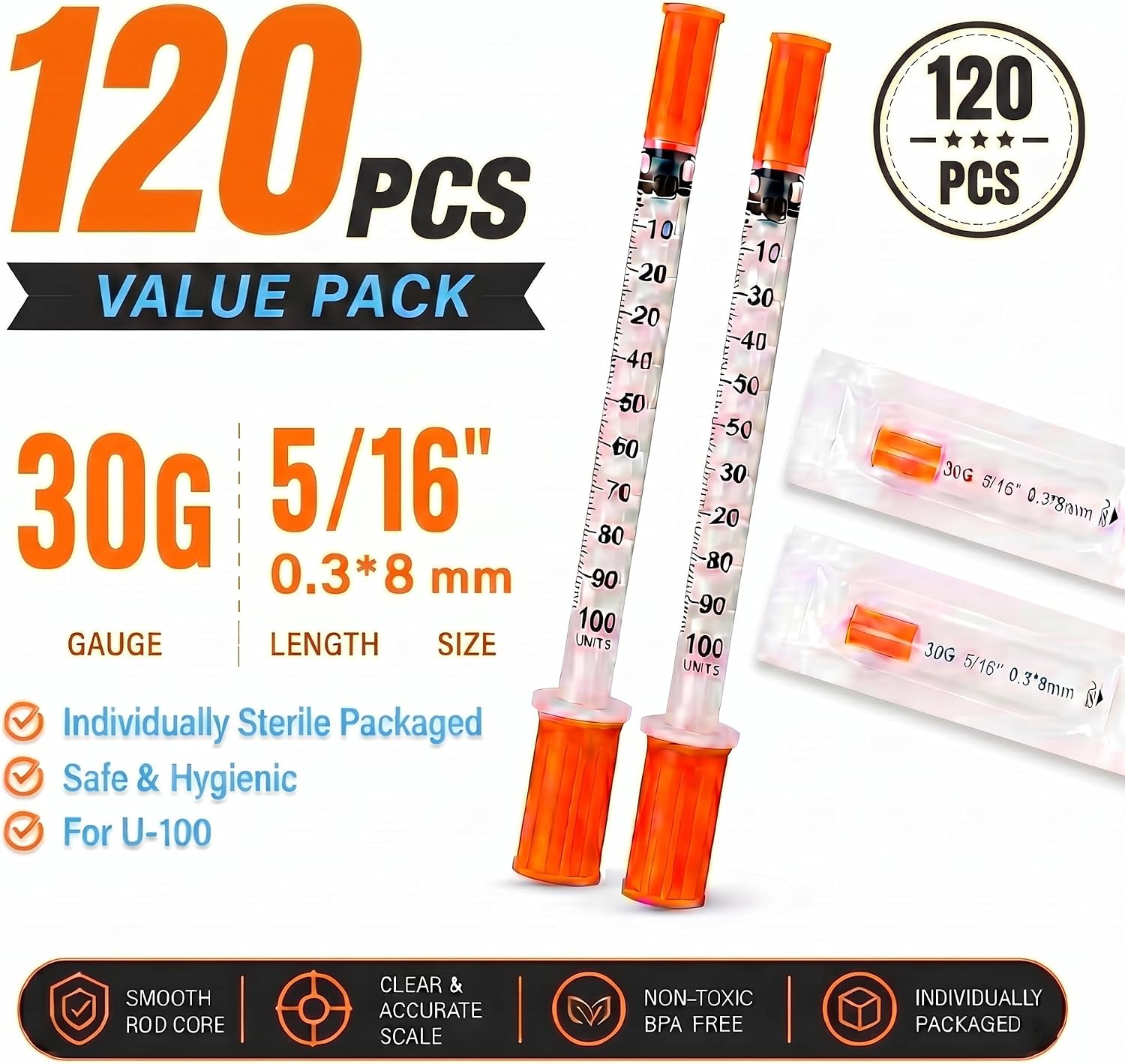 120 PACK 1ml 30G 5/16" (8mm) Syringes with Needle Lab Individually Wrapped
