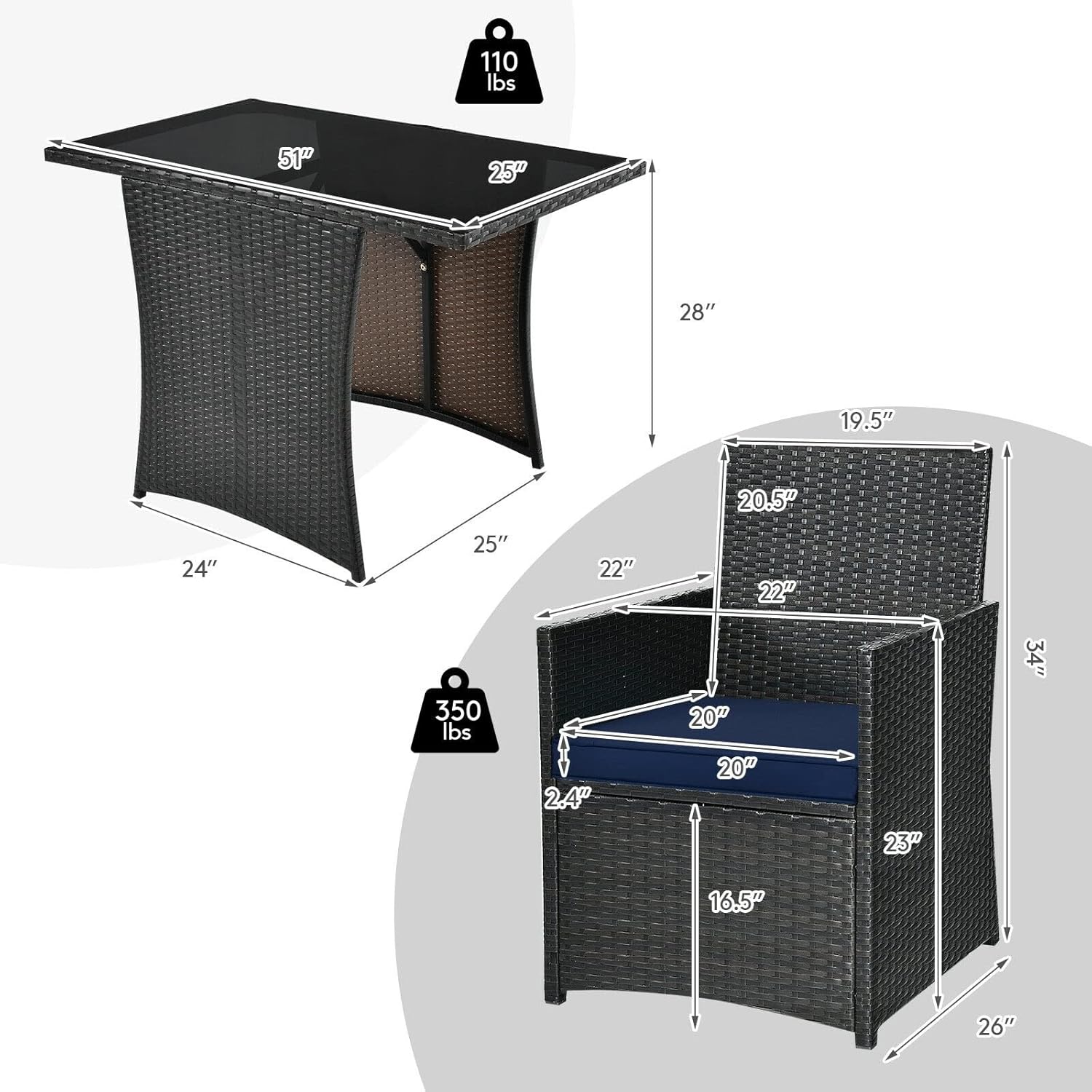 3PCS Patio Rattan Furniture Set Cushion Sofa Armrest Garden Deck Navy Mixed Brown