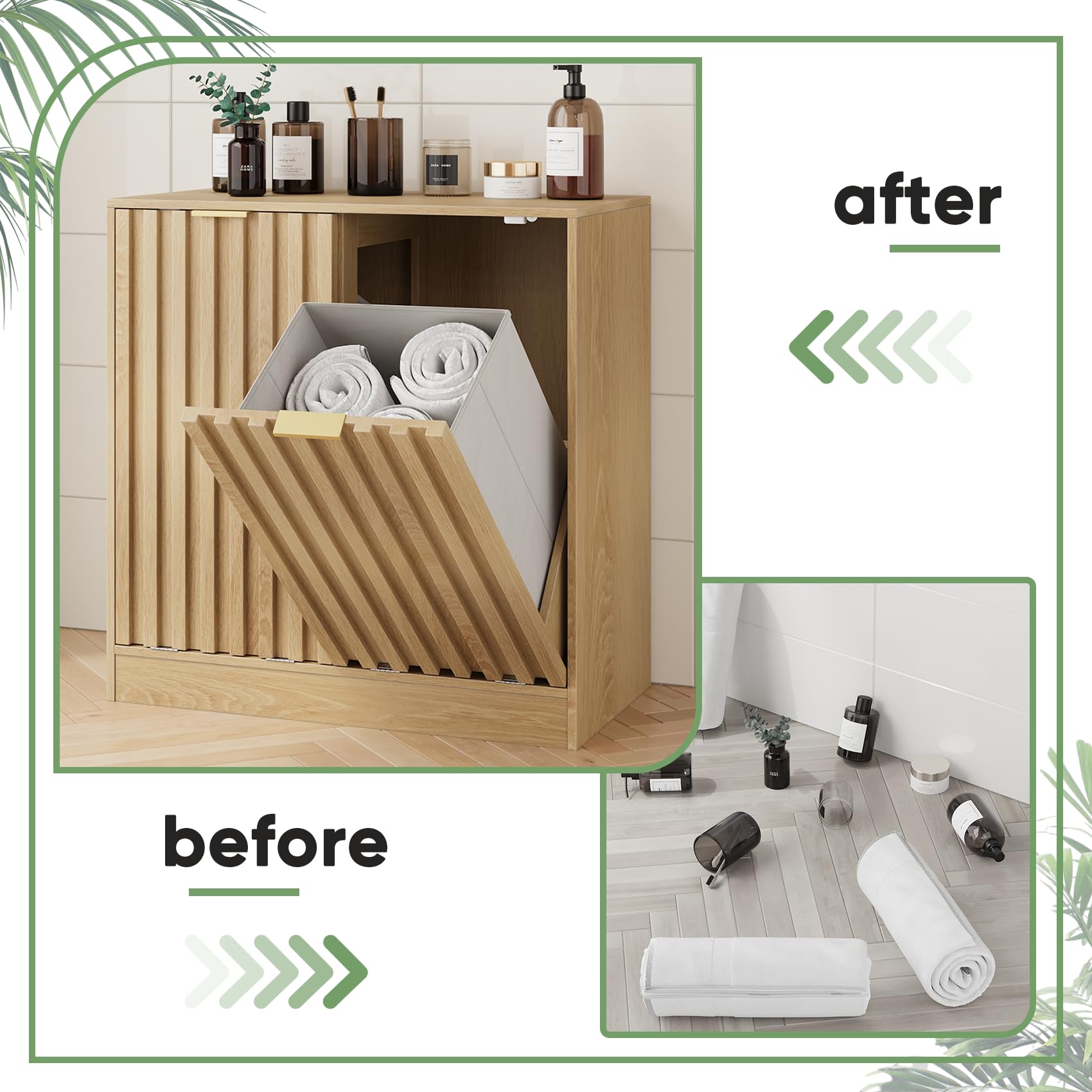 Smuxee Gabinete de lavandería doble inclinable, armario oculto con cestas dobles, cubo de basura natural con puertas estriadas para baño, cocina