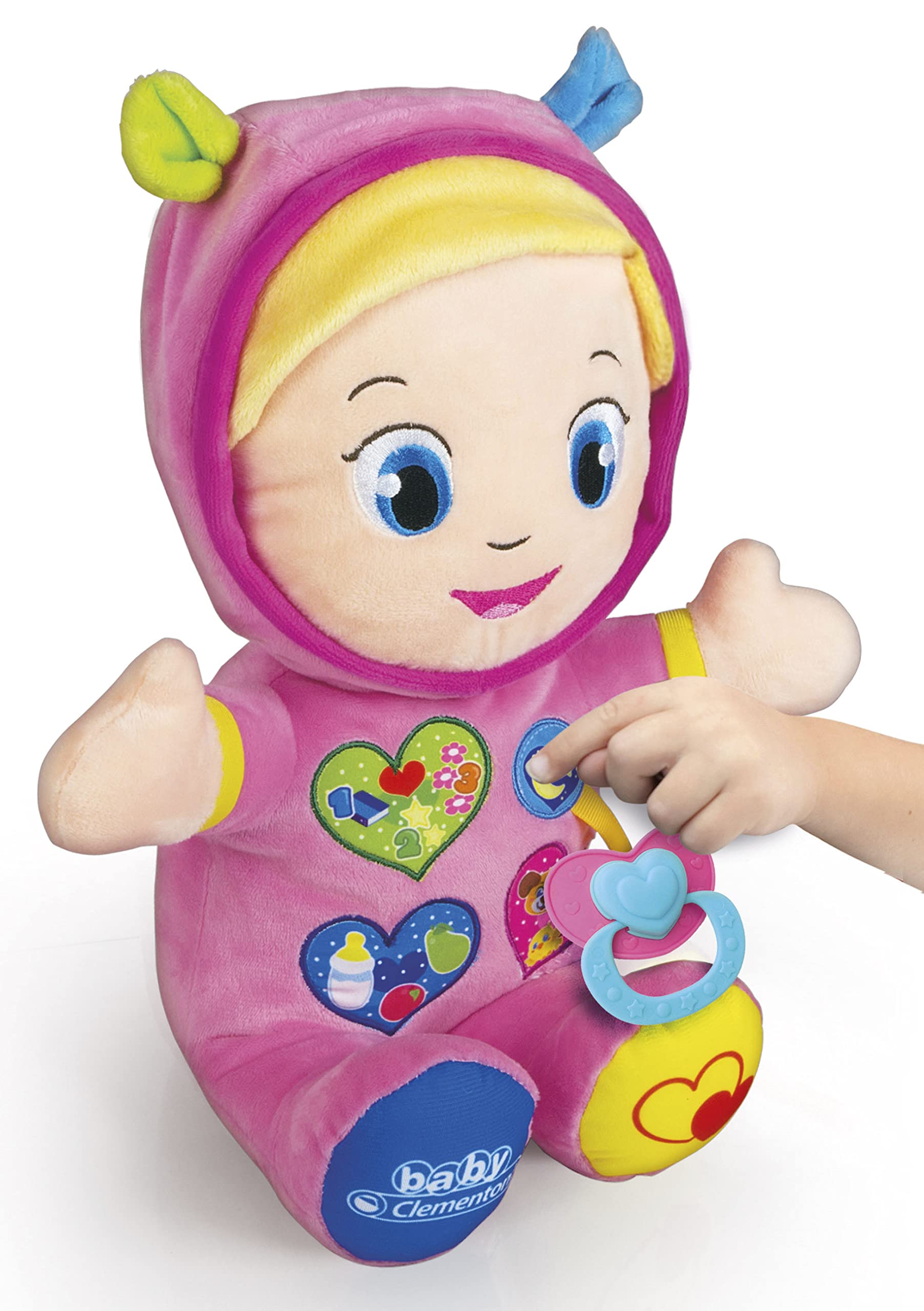 Clementoni Baby Alice, la Mia Prima Bambola, Peluche Bambini 10+ Mesi, Centro Attività con Ciuccio e 3 Tasti per Imparare Forme, Numeri, Colori, Parole e Versi degli Animali, Lingua Italiana, 17201