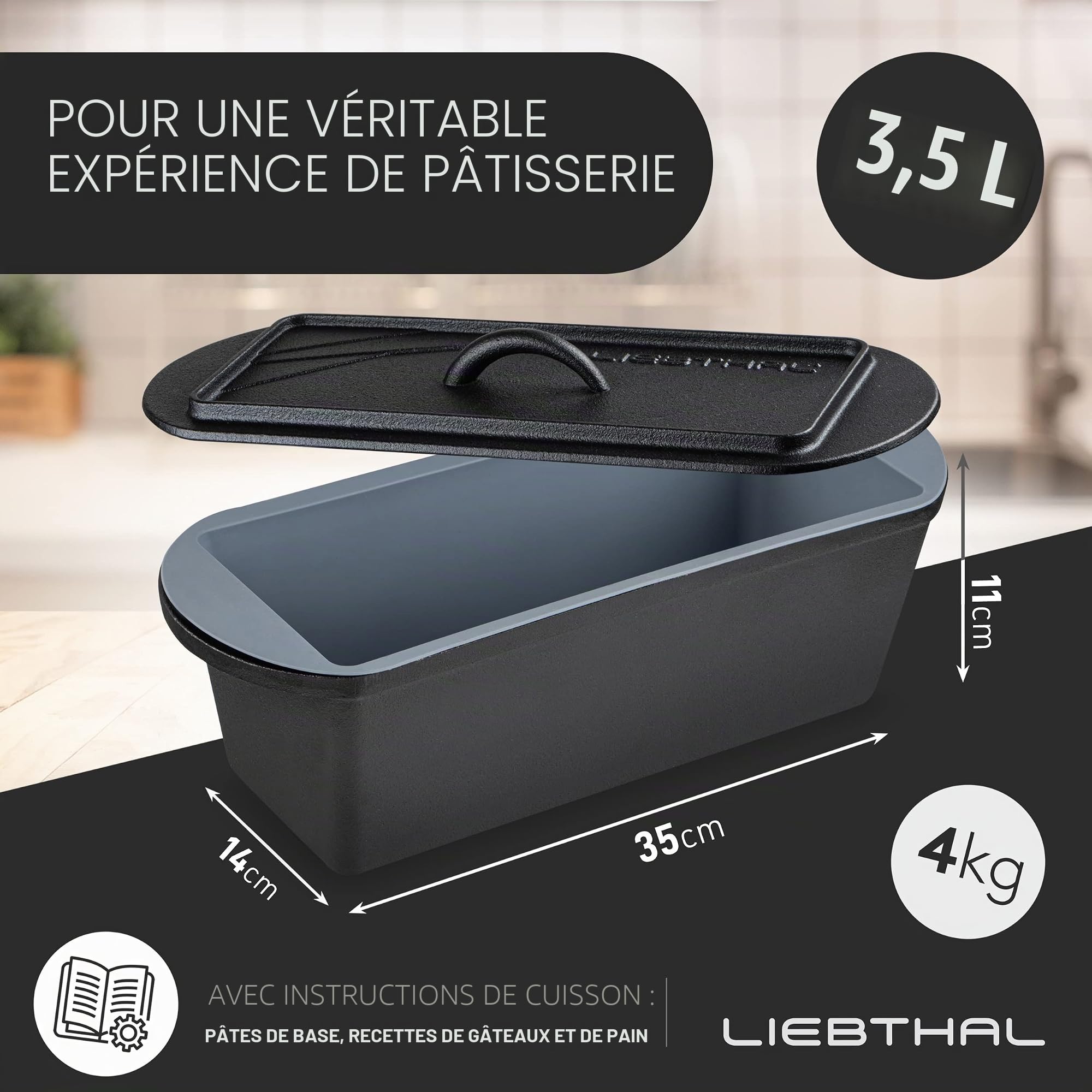 LIEBTHAL Moule à pain avec couvercle, ajustement parfait, insert en silicone antiadhésif, casserole en fonte pré-enduite, 3,5 L, moule à pain pour rôtir, cuire et braiser
