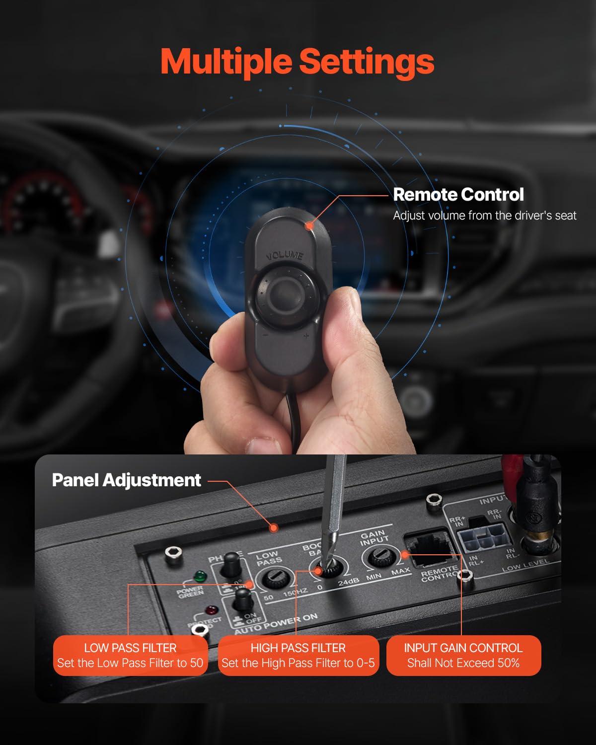 VEVOR Untersitz Auto Subwoofer 800 W 203 mm schlanker Auto Subwoofer mit Stromversorgung, Subsystem mit eingebautem Verstärker, Hoch-/Niedrigpegel-Eingang und Lautstärkeregler für SUVs Lkws