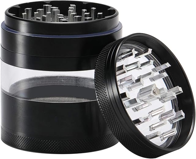 DCOU Large Aluminum Spice Herb Grinder Plant Grinder with Magnetic Lid and Pollen Catcher, 4 Piece, 2.5 inches (Black)