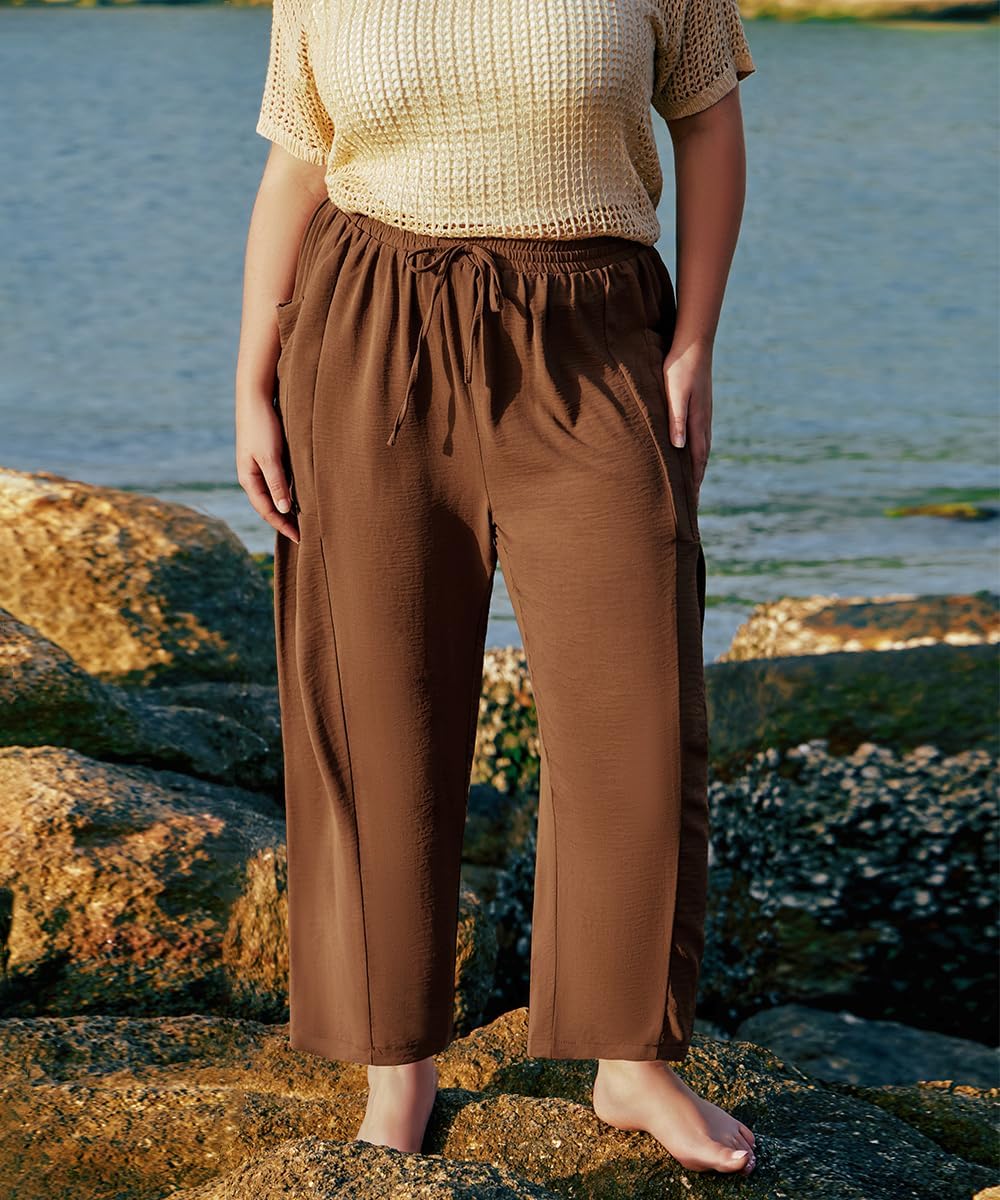 CARCOS Plus Size Pants Womens Summer Palazzo Pants Drawstring Wide Leg Harem Beach Pant with Pockets Vacation Outfits XL-5XL - Image 2