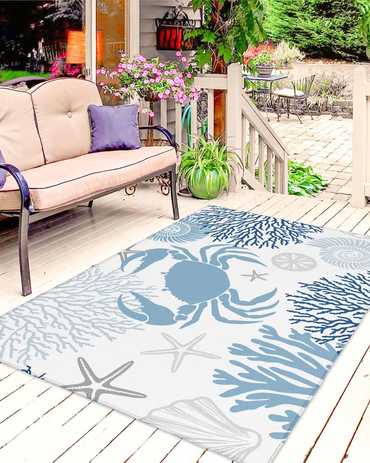 Coastal Blue Crab Outdoor Area Rug 6'x9', Coral Starfish Ocean Conch Nautical Patio Balcony Porch Front Door Camping Camper RV Deck Runner Rug,