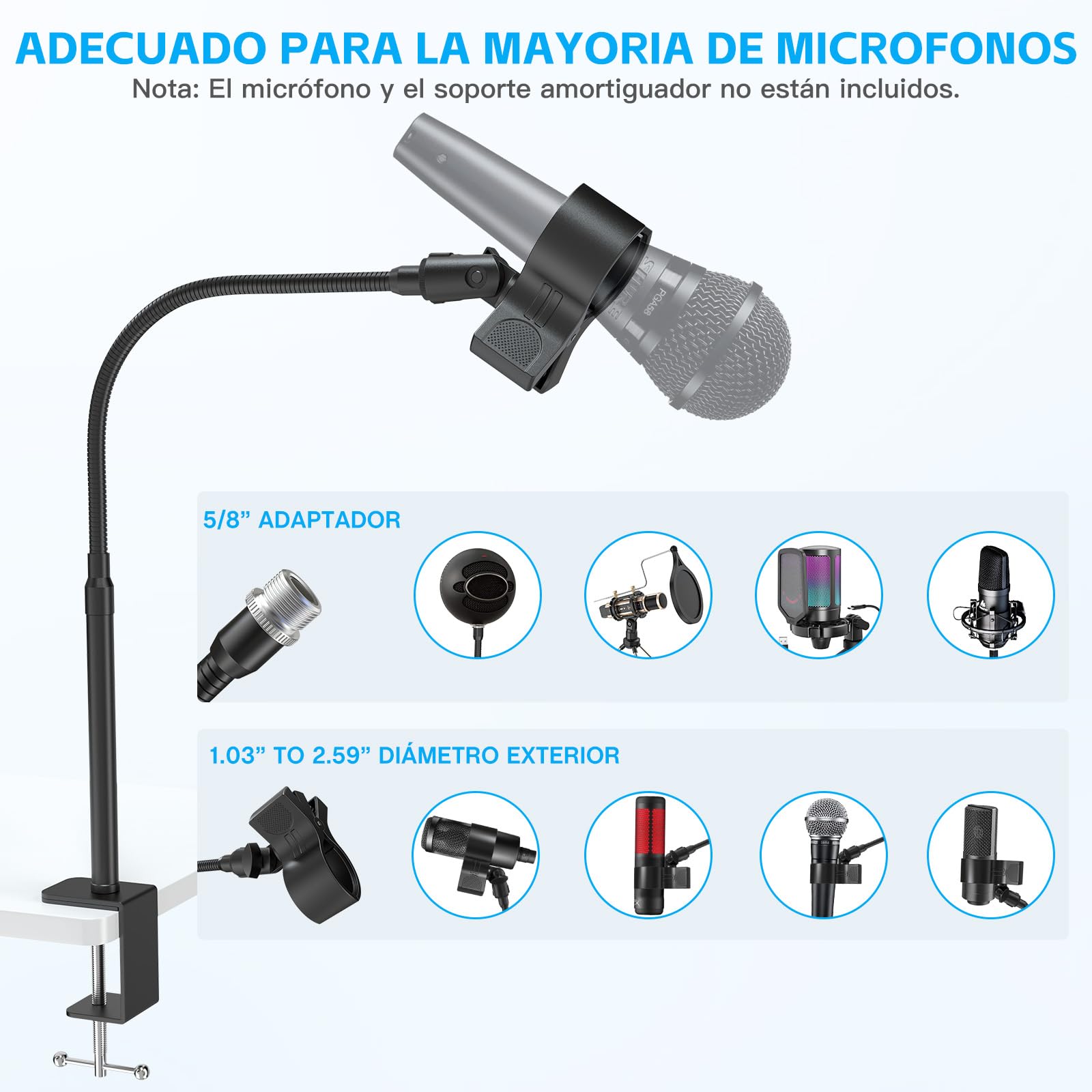ZealSound Soporte de Micrófono, Pie de Microfono de Escritorio con Cuello de Cisne,Totalmente ajustable 360 ° Giratorio 90 ° Plegable, Adaptador de Tornillo de 3/8" a 5/8" para Blue Yeti y más