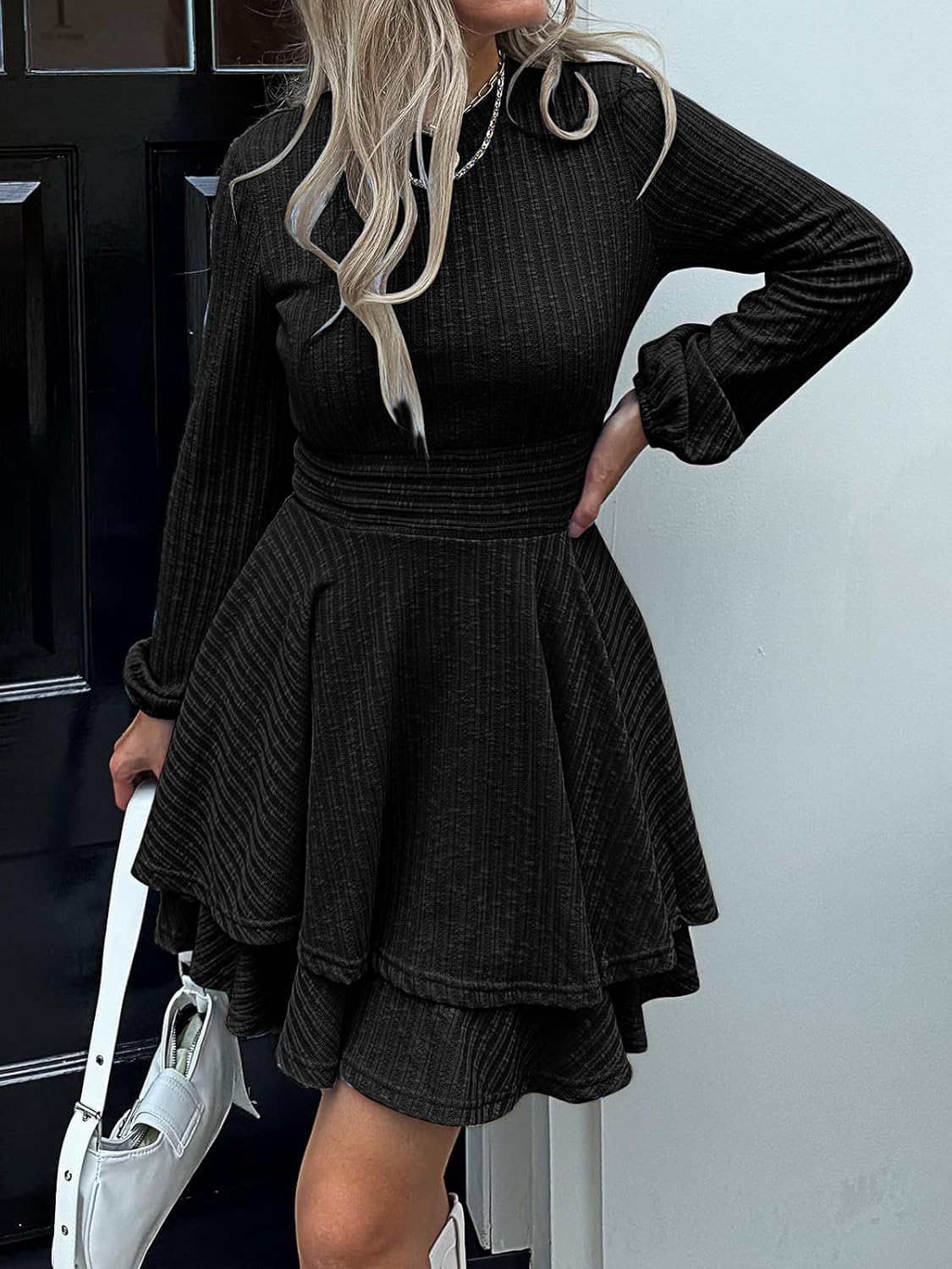 Womens Long Sleeve Knit Dress Casual Lantern Sleeve Crewneck Ruffle Short Flare A-Line Mini Sweater Dress - Image 4