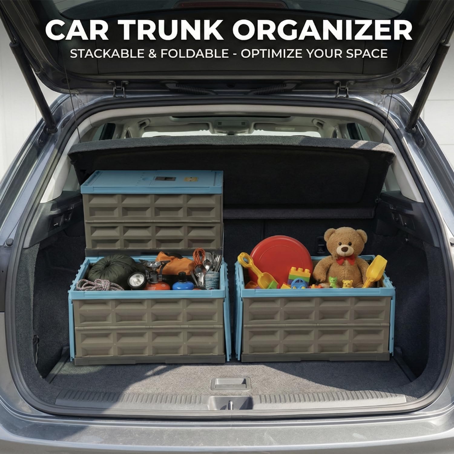 Heavy Duty Collapsible Storage Bins with Lids, 400 LBS Stackable Locking Plastic Containers, 12 Gallon (45L) for Garage, Car Trunk & Camping, 2 Pack (Blue - 45L - Pack of 2)