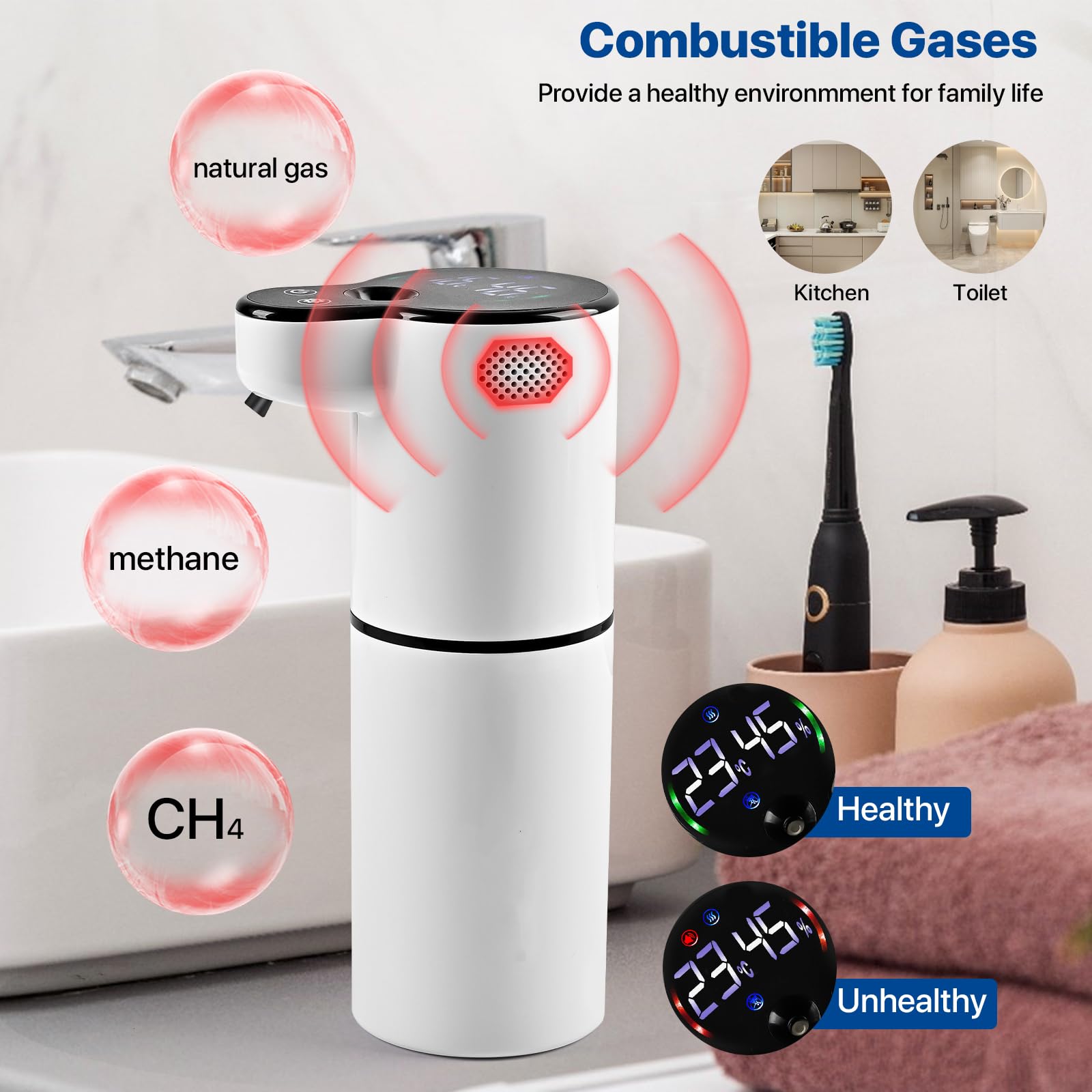 Dispensador automático de jabón Inteligente Multifuncional - Combinación de aromaterapia, detección de Temperatura y Humedad y Alarma de Gas Combustible, dispensador de jabón líquido sin Contacto