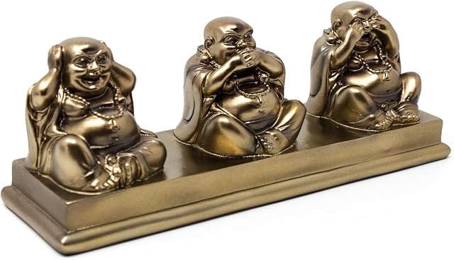 THORNE ANTIQUES AND COLLECTABLES Three Wise Buddhas - Hear No Evil Speak No Evil See No Evil - Lovely Laughing Buddha Ornament in Bronze Colour