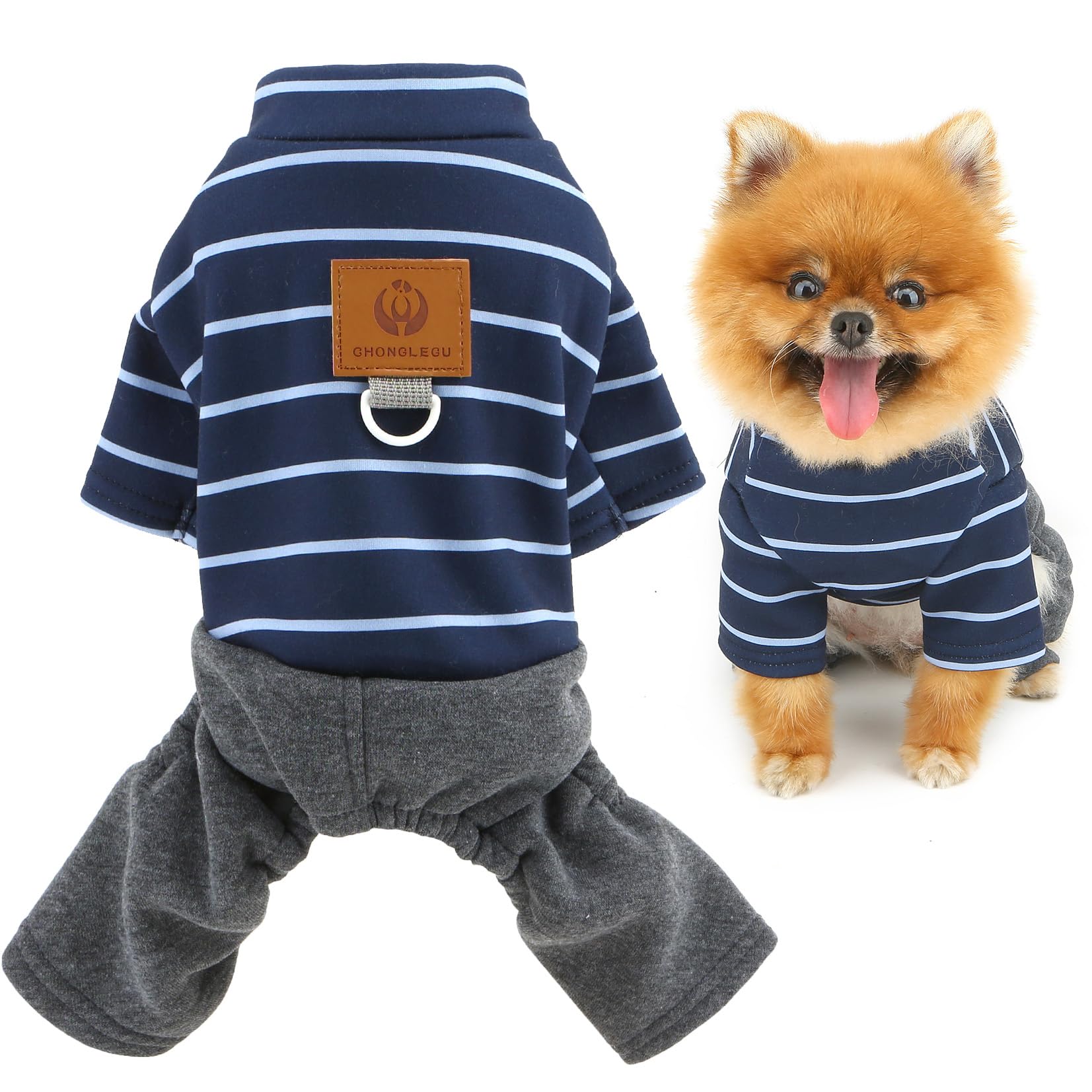 SMALLLEE_LUCKY_STORE Striped Fleece Lined Dog Pyjamas for Small Dogs Warm Puppy Jumpsuit with D-Ring Four-Leg Pullover Pjs Cozy Winter Autumn Outfits Chihuahua Yorkie Clothes Blue XS