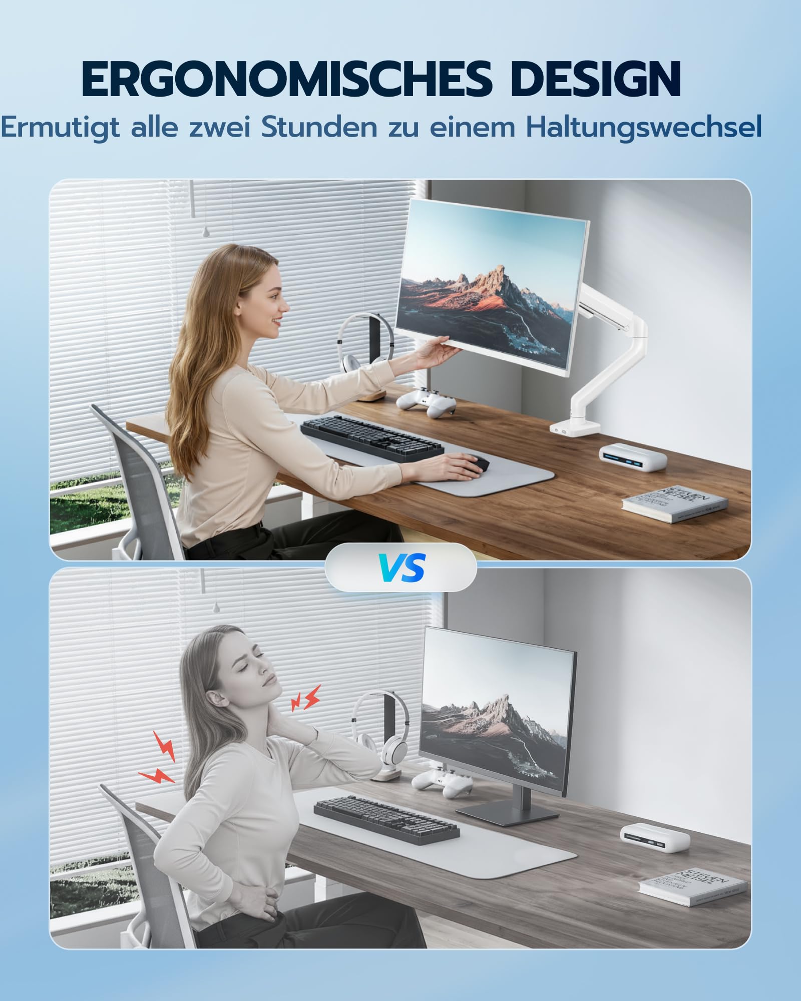 ARES WING Monitor Halterung für 17"-40" Flach Curved Bildschirm, Höhenverstellbar Bildschirmhalterung, Monitor Arm Tragfähigkeit Max 12 kg, 75/100mm Vesa-Halterung, Weiß