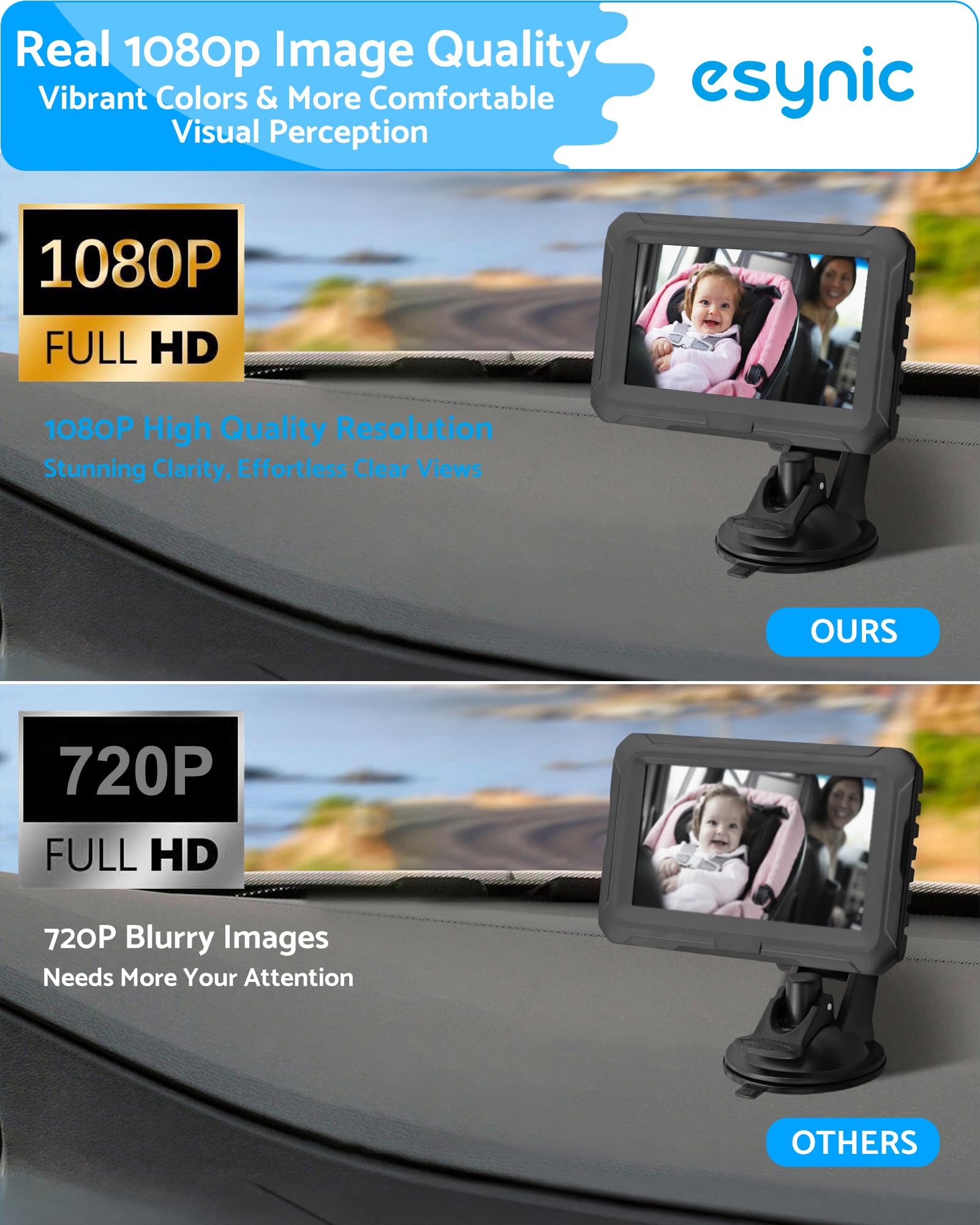 eSynic 1080P USB 4.3" lusterko samochodowe dla niemowląt obracane o 360° 8 LED noktowizor na podczerwień, lusterko wsteczne do samochodu dla bezpieczeństwa dzieci, samochód z przyssawką z kamerą na