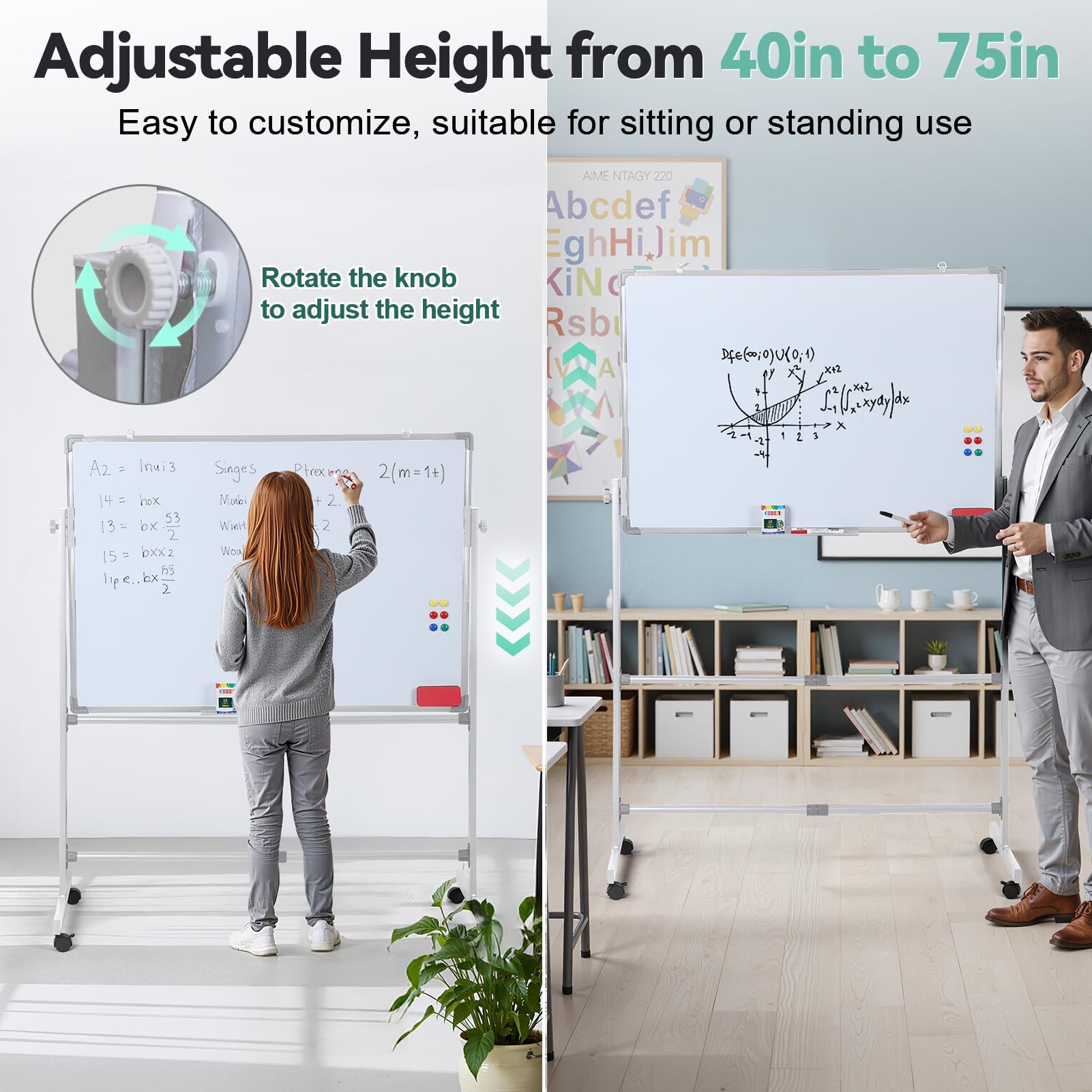 Lavagna bianca mobile su ruote, con supporto, 101 x 71 cm, double-face, reversibile, con cavalletto regolabile in altezza, include 10 pennarelli, 12 magneti, 2 gomme da cancellare, per ufficio e aula