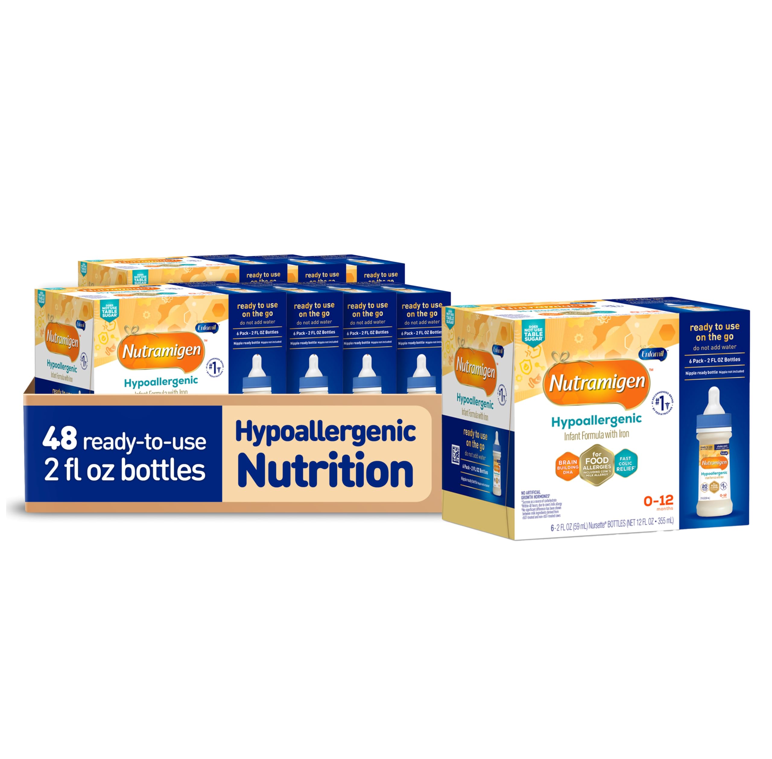 Enfamil Nutramigen Hypoallergenic Baby Formula with Iron, Lactose Free, Colic Relief from Cow's Milk Allergy Starts in 24 Hours, Brain Building DHA, Concentrated Liquid, 2 Fl Oz, 48 Bottles