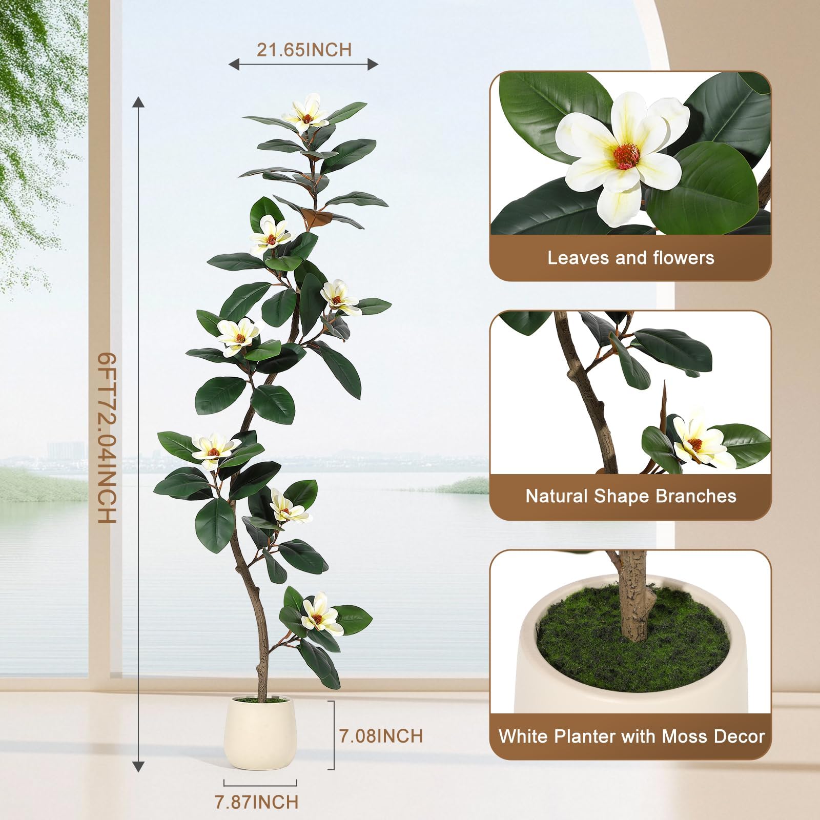 GarveeHome Künstlicher Magnolienbaum – 180 cm Hohe Kunstpflanze in Weißem Pflanzkübel – Große Künstliche Pflanzen Mit 7 Magnolienblüten Für Zuhause, Büro Und Wohnzimmerdekoration