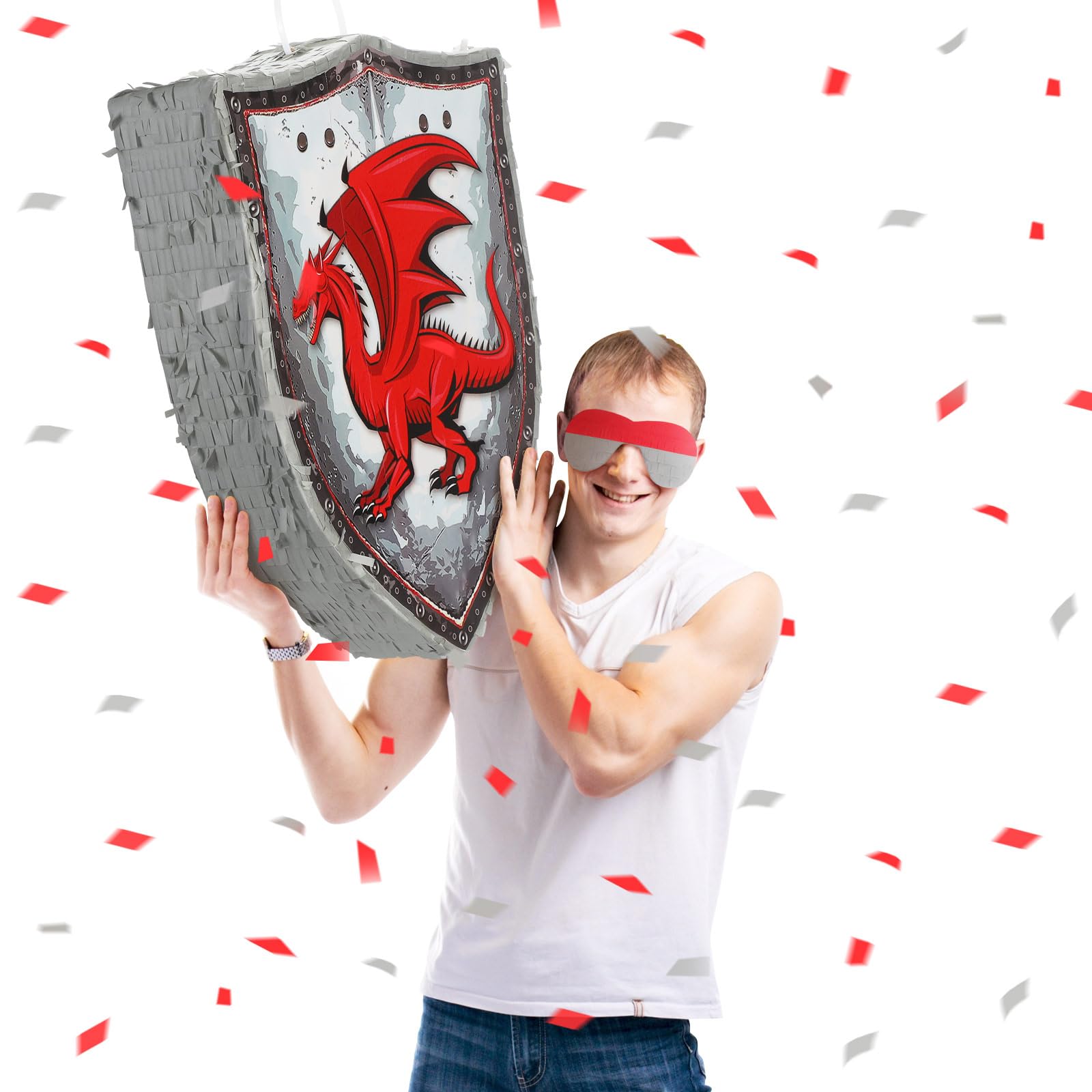 Leyndo Lot de 4 piñata de fête de Noël sur le thème du dragon rouge avec bouclier festif, bandeau pour les yeux, épée médiévale chauve-souris et confettis pour enfants, décorations de fête de Noël,