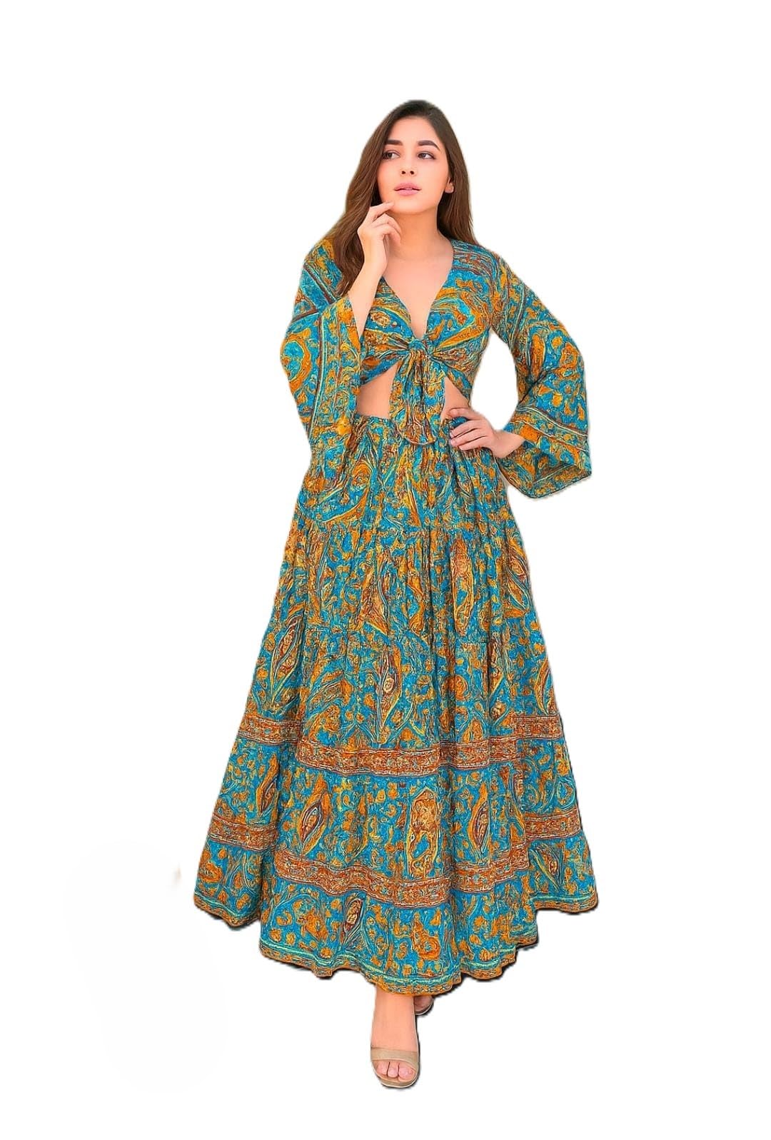 Women Fashion Printed Wrap Top Suit Set Perfect for Beach, Stylish Lehenga Type (IN, Alpha, L, Plus Size, Green_1)