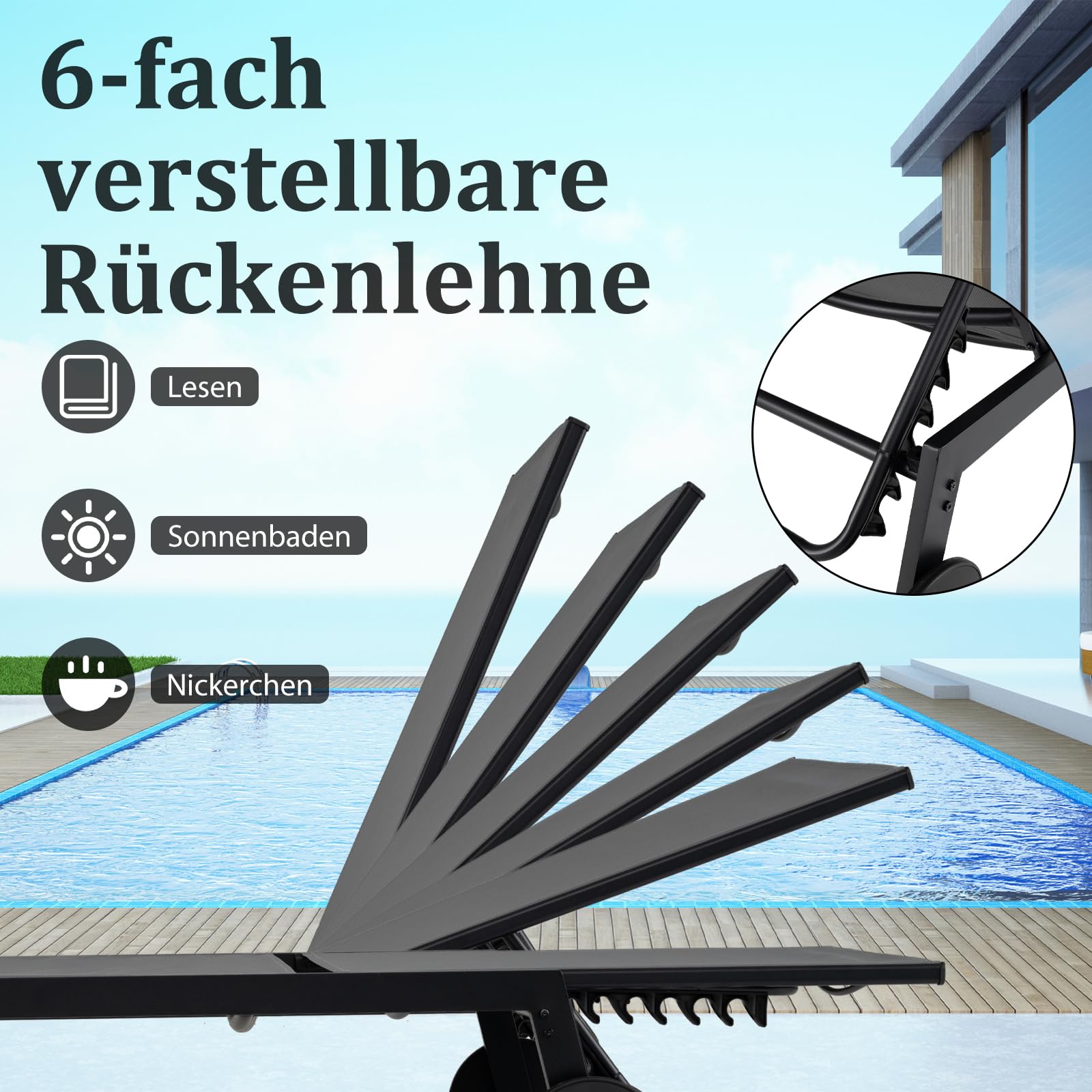 COSTWAY Sonnenliege mit Rollen und Beistelltisch, Gartenliege mit Verstellbarer Rückenlehne und schnelltrocknendem Stoff, Rollliege bis 150kg belastbar, Liegestuhl für Garten, Terrasse (Grau)