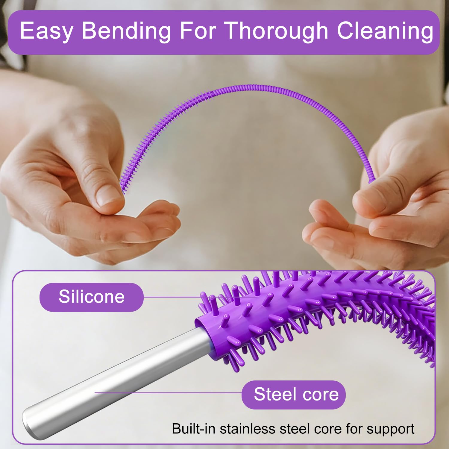 2 Pcs Cepillo Limpia Pajitas Silicona,Cepillo Limpiador de Pajitas Flexible Extralargo,Reutilizable y Colgante,Mango Antideslizante (Morado)