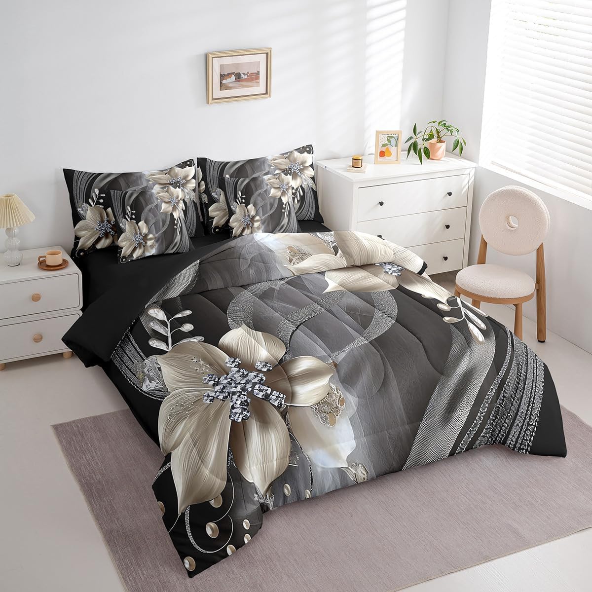 Feelyou Kids 3D Flowers Comforter Set Queen 7 Pcs Pearl Diamond Pattern Bedding Set Boys Girls Luxury Vintage Floral Geometric Stripe Bed in a Bag with Comforter, Sheets, Pillowcases & Cushion Cover