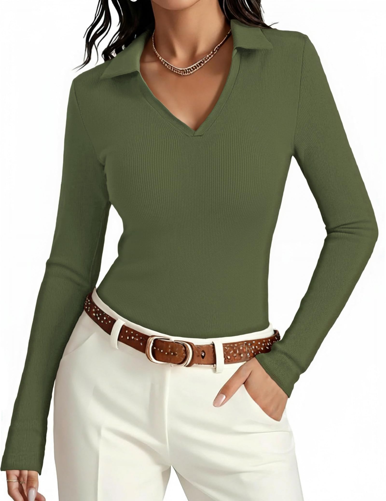 Aottori Damen Langarmshirt V-Ausschnitt Oberteile Gerippt Slim Fit Poloshirt Dünn Stretch Pullover Elegant Tee Shirts Langarm Casual Basic Tops Einfarbig