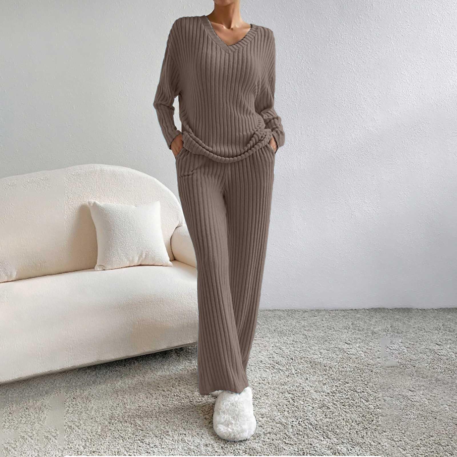 Set da 2 pezzi, da donna, invernale, lavorato a maglia, elegante | Tuta da casa con scollo a V, a maniche lunghe, a costine, morbida, per il tempo libero, biancheria da notte