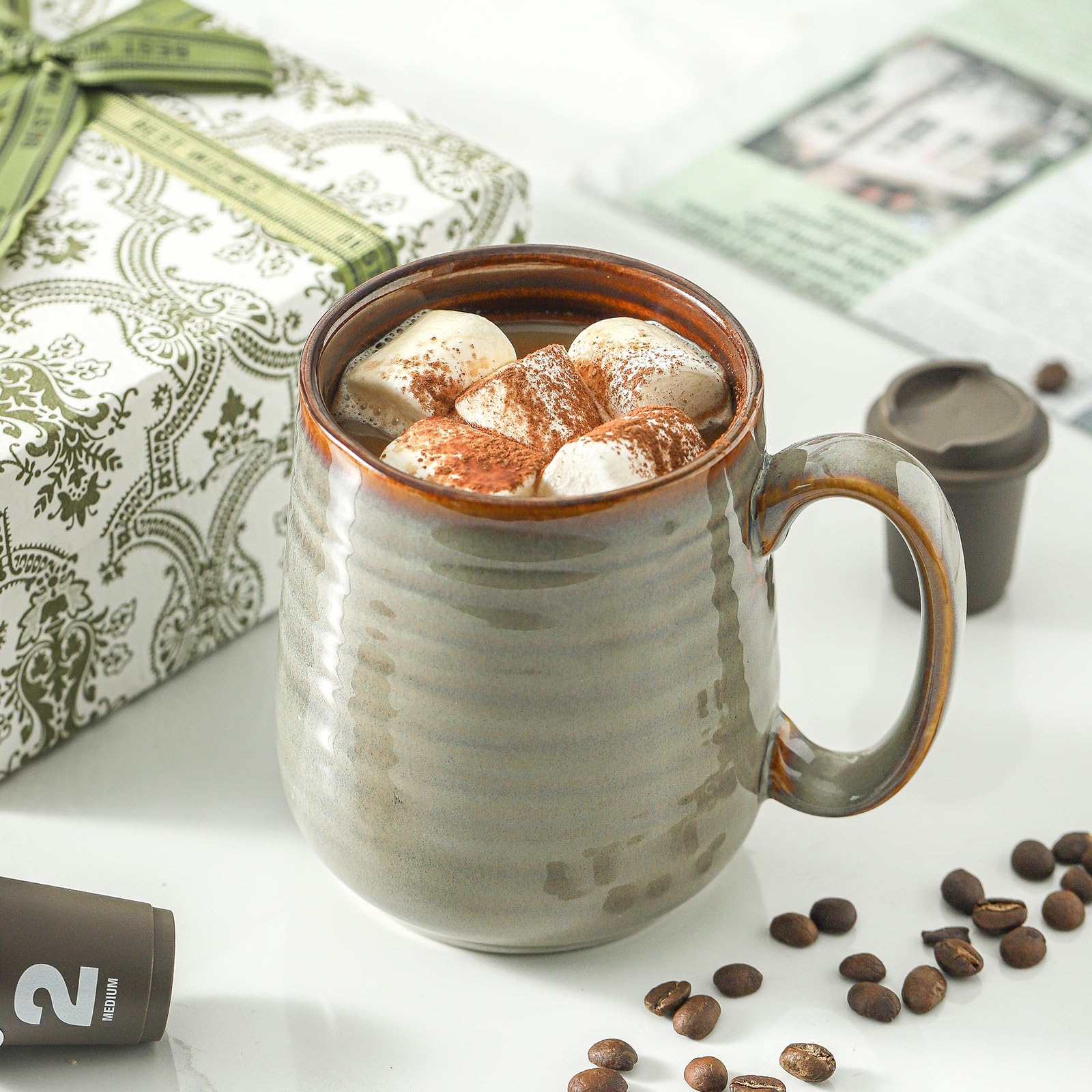 Hasense Set di 4 tazze da caffè in ceramica, 425 ml, tazze da caffè in porcellana, per tè, latte, cioccolata calda, tazze da caffè grandi, adatte al microonde e alla lavastoviglie, colore: grigio