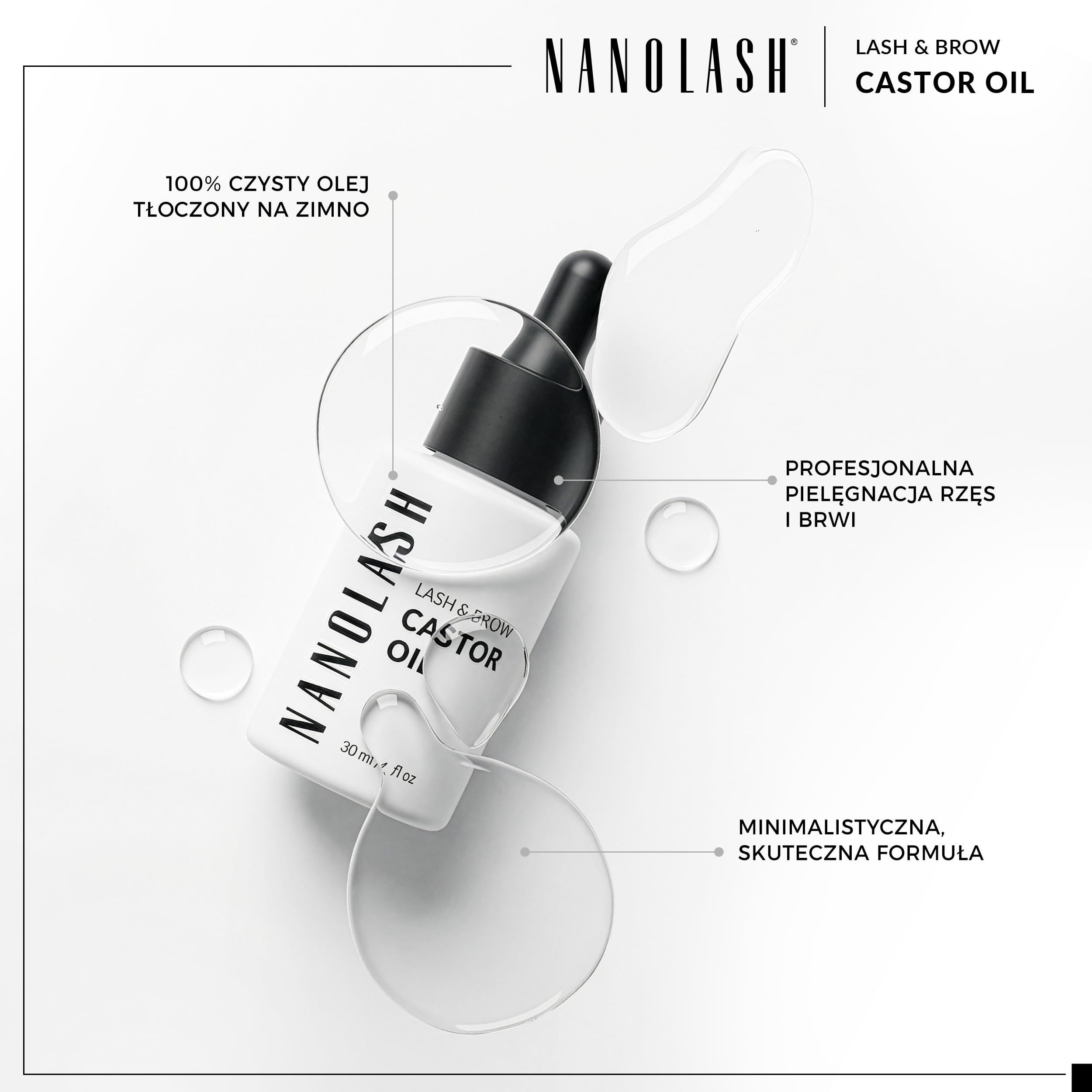 Olejek rycynowy Nanolash 30 ml - 100% naturalny, zimnotłoczony i nierafinowany olejek do rzęs i brwi, przyśpiesza wzrost rzęs, olej rycynowy z aplikatorem