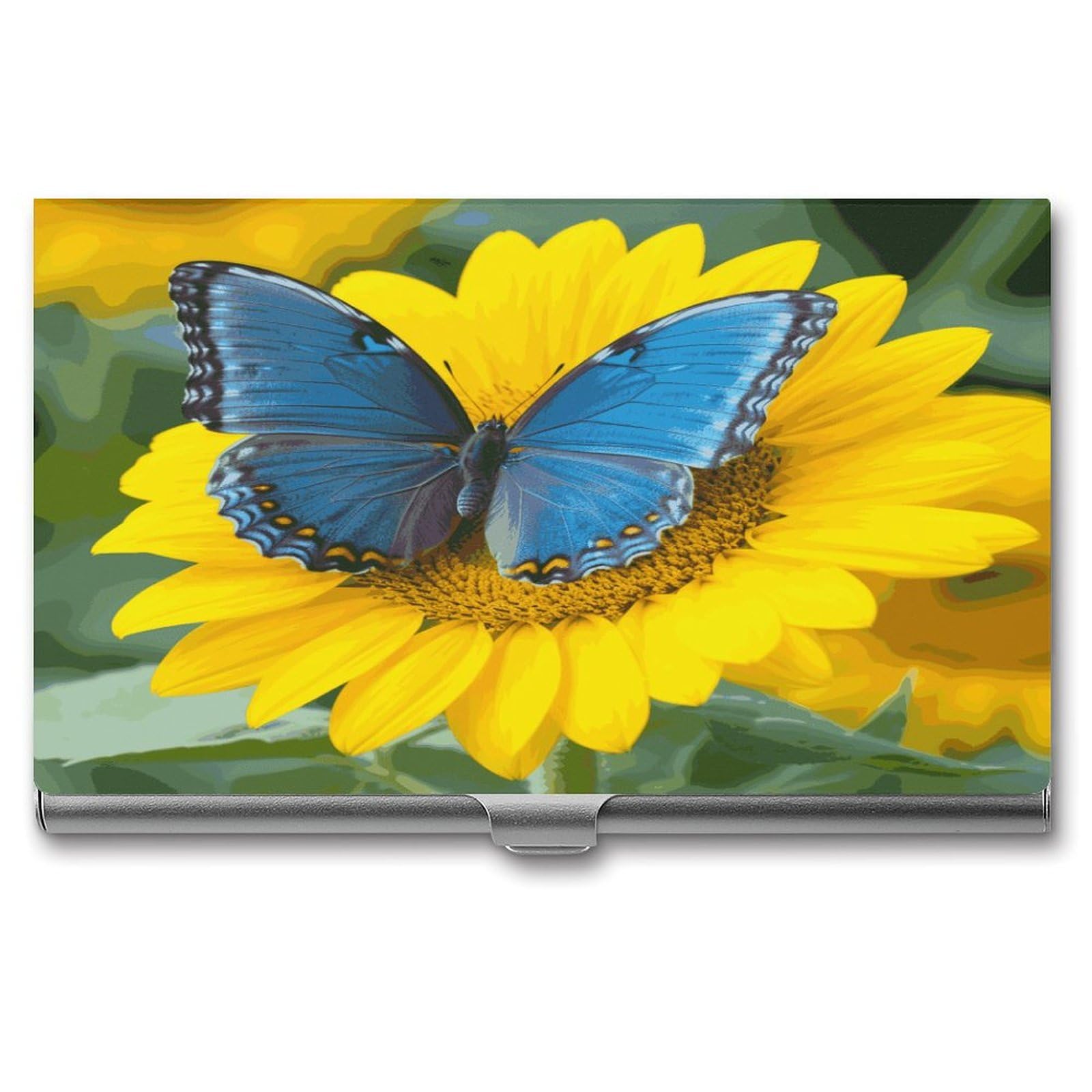 LDGSUPH Sunflower Blue Butterfly Business Card Holder Fashion Slim Name Card Holder Minimalist Design Case Metal Card Carrier Personalized Business Card Case with Flip for Men Women